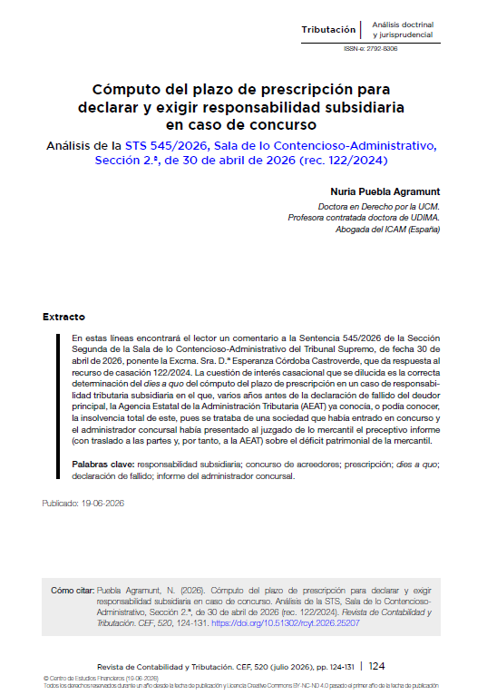 NuriaPuebla's tweet photo. En el nº 520 de julio 2026 de la revista de contabilidad y tributación del @estudiosCEF  tenéis mi artículo sobre prescripción en materia de responsabilidad cuando hay concurso, por si os resulta de interés. https://t.co/fcrWGsgqdS
