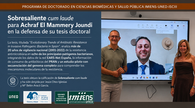 IMIENS_UNED's tweet photo. 👏 Felicidades, Achraf ‼️Sobresaliente cum laude para Achraf El Mammery Joundi en la defensa de su tesis doctoral 🦠Riguroso estudio sobre la evolución de la resistencia antimicrobiana en bacterias invasivas en España 👉https://t.co/f1yFa0PjWI #ResistenciaAntibióticos #RAM #PRAN https://t.co/0L4RVMjqt3