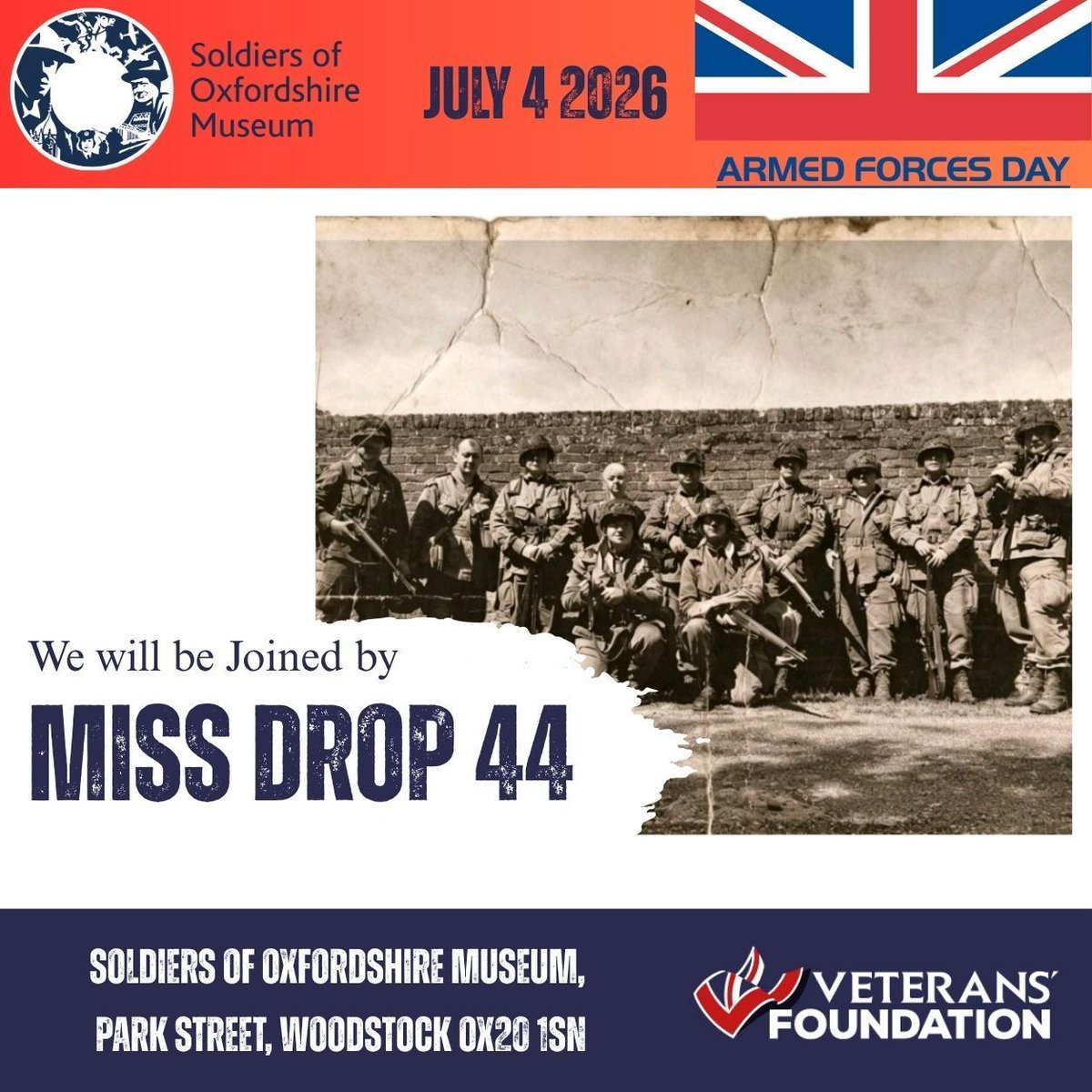 SOFOtrust's tweet photo. Just one more day until our Armed Forces Day Celebration - are you dropping in?

Miss Drop 44 will be! The premium 502nd PIR, 101st living history group in the UK! 

Free entry, open galleries, stalls, activities and displays! 11am - 4pm, Sat 4 July 2026

#afd2026 #armedforcesday https://t.co/EQEvFvHorT