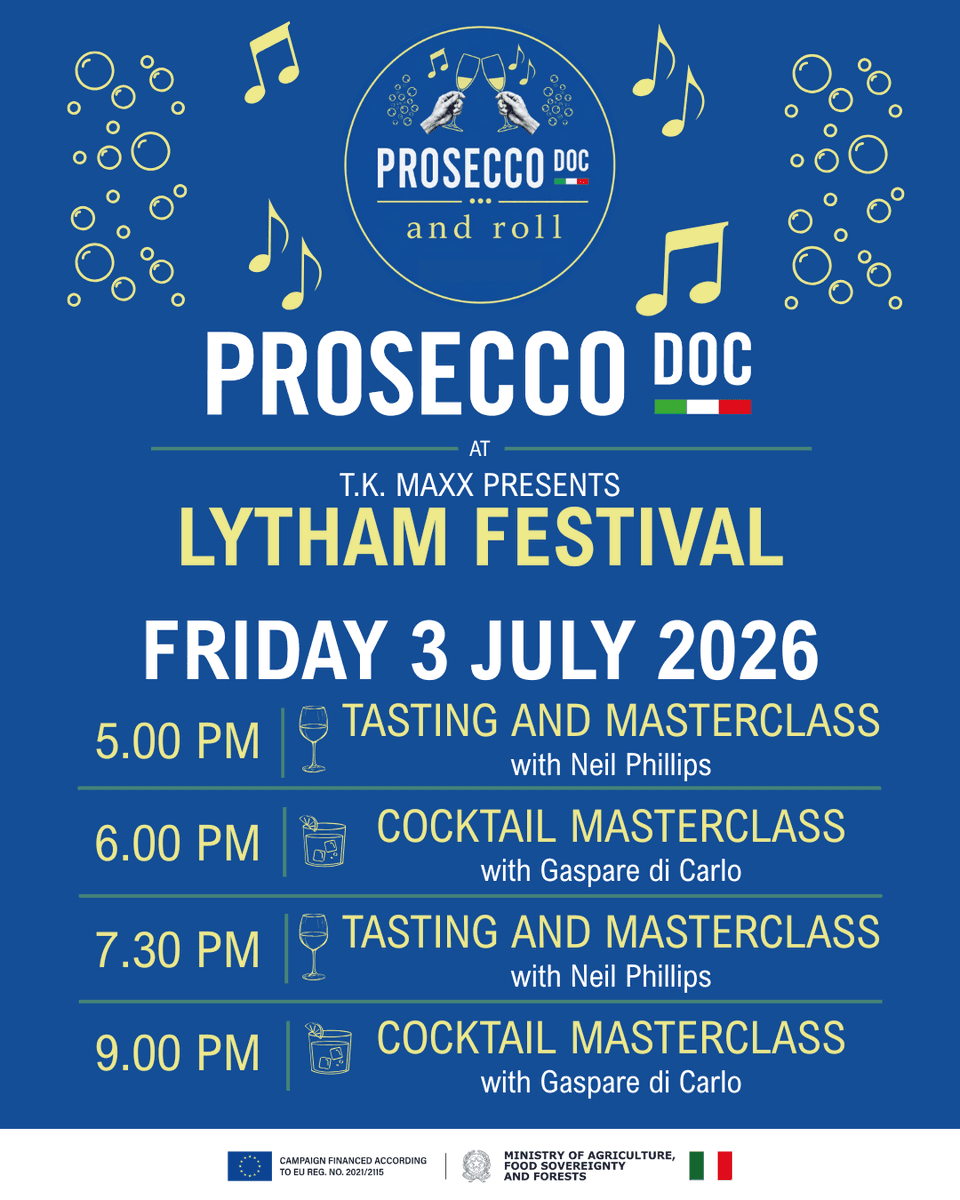 ProseccoDOC's tweet photo. 🥂 Let's get fizzical, baby!

At TK Maxx Presents Lytham Festival today? Join us at the Prosecco DOC and Roll Bar between sets for FREE masterclasses, tastings and cocktails.

🥂 5pm &amp; 7.30pm
🍸 6pm &amp; 9pm

Come for the music. Stay for the bubbles. 🍾 https://t.co/5vRyAenbSK
