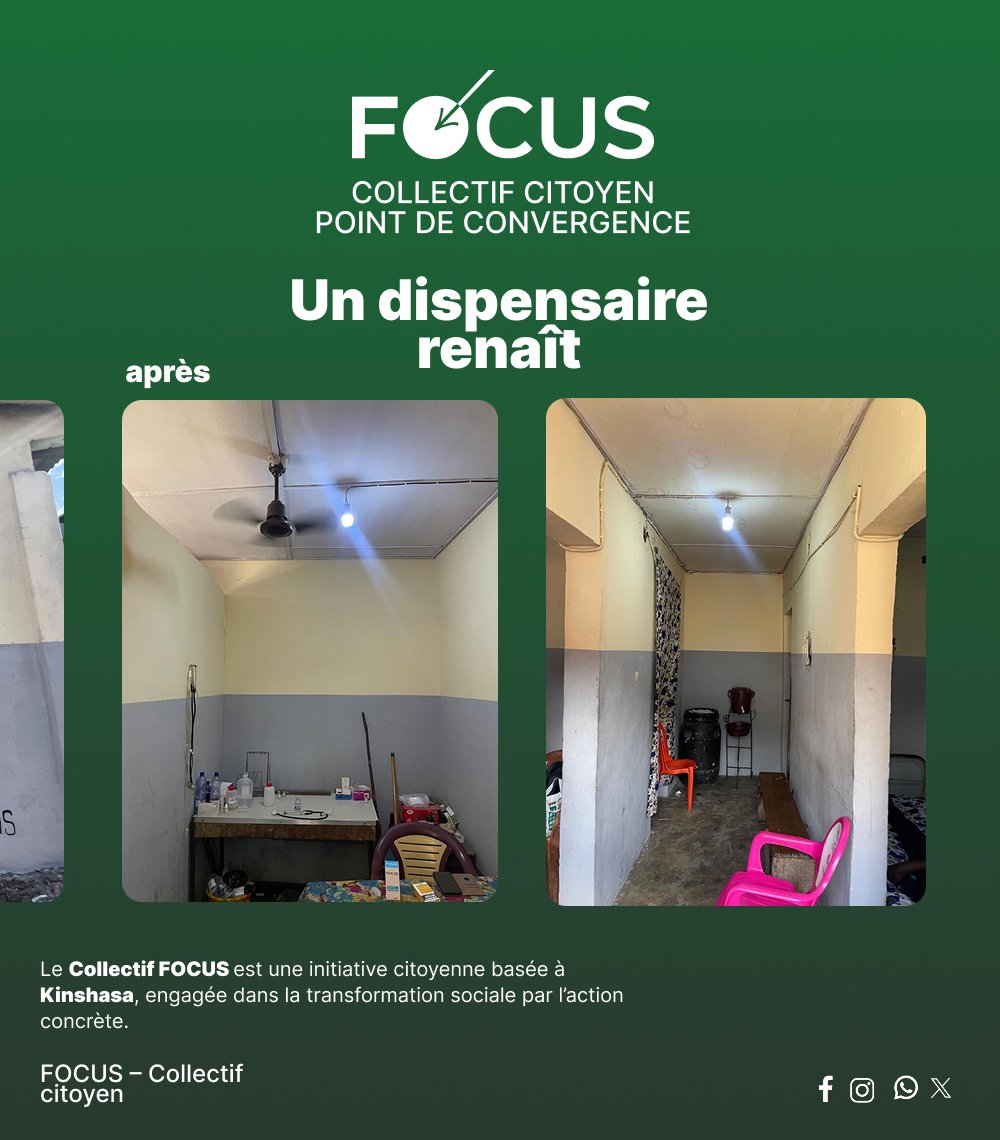 CollectifFocus's tweet photo. Le dispensaire renaît. 🏥✨
Avant : des murs à l'abandon. Après : un lieu de soin rendu à sa communauté.
Le collectif Focus l'a fait. Et ce n'est que le début. 💪
📍 kinshasa
👉 Swipe pour voir la transformation
#CollectifFocus #AvantAprès #Dispensaire #Solidarité #Santé https://t.co/bv1up6699D