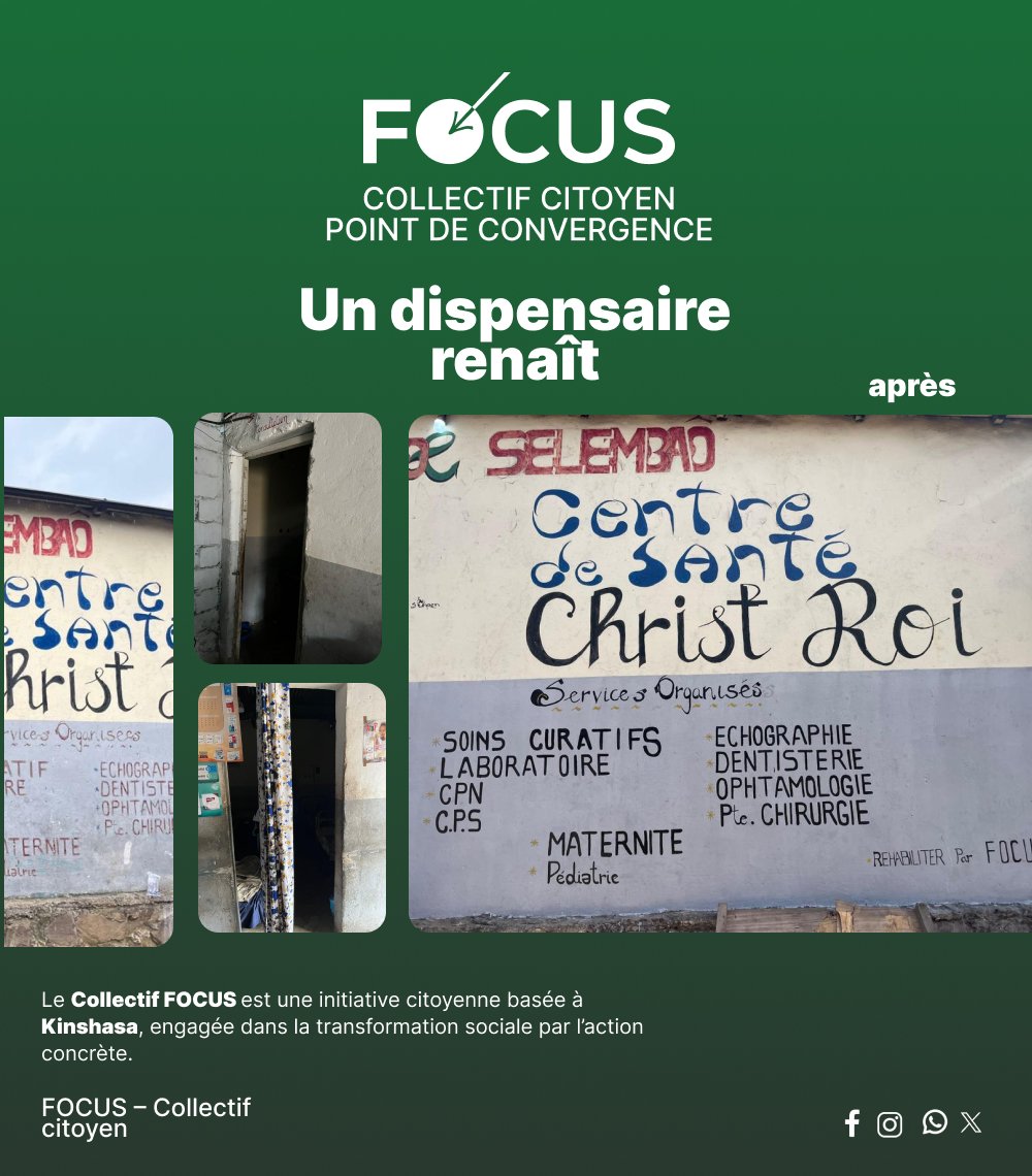 CollectifFocus's tweet photo. Le dispensaire renaît. 🏥✨
Avant : des murs à l'abandon. Après : un lieu de soin rendu à sa communauté.
Le collectif Focus l'a fait. Et ce n'est que le début. 💪
📍 kinshasa
👉 Swipe pour voir la transformation
#CollectifFocus #AvantAprès #Dispensaire #Solidarité #Santé https://t.co/bv1up6699D