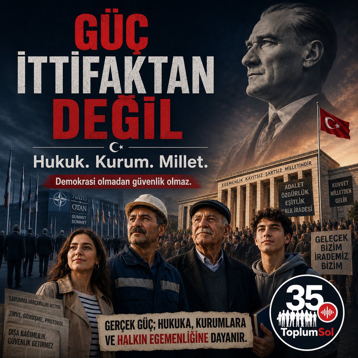 35ToplumSol's tweet photo. @CAOIletisim1 Bir ülkenin dünyadaki yeri yalnızca haritadaki konumuyla ölçülmez.

Hukukuyla,
kurumlarıyla,
yurttaşına duyduğu güvenle ölçülür.

Atatürk’ün Cumhuriyet fikri de buydu:

Milletine güvenen,
hukukla güçlenen,
dünyaya başı dik bakan bir Türkiye.
#Nato 
@CAOIletisim1 https://t.co/omwUWGsWe4