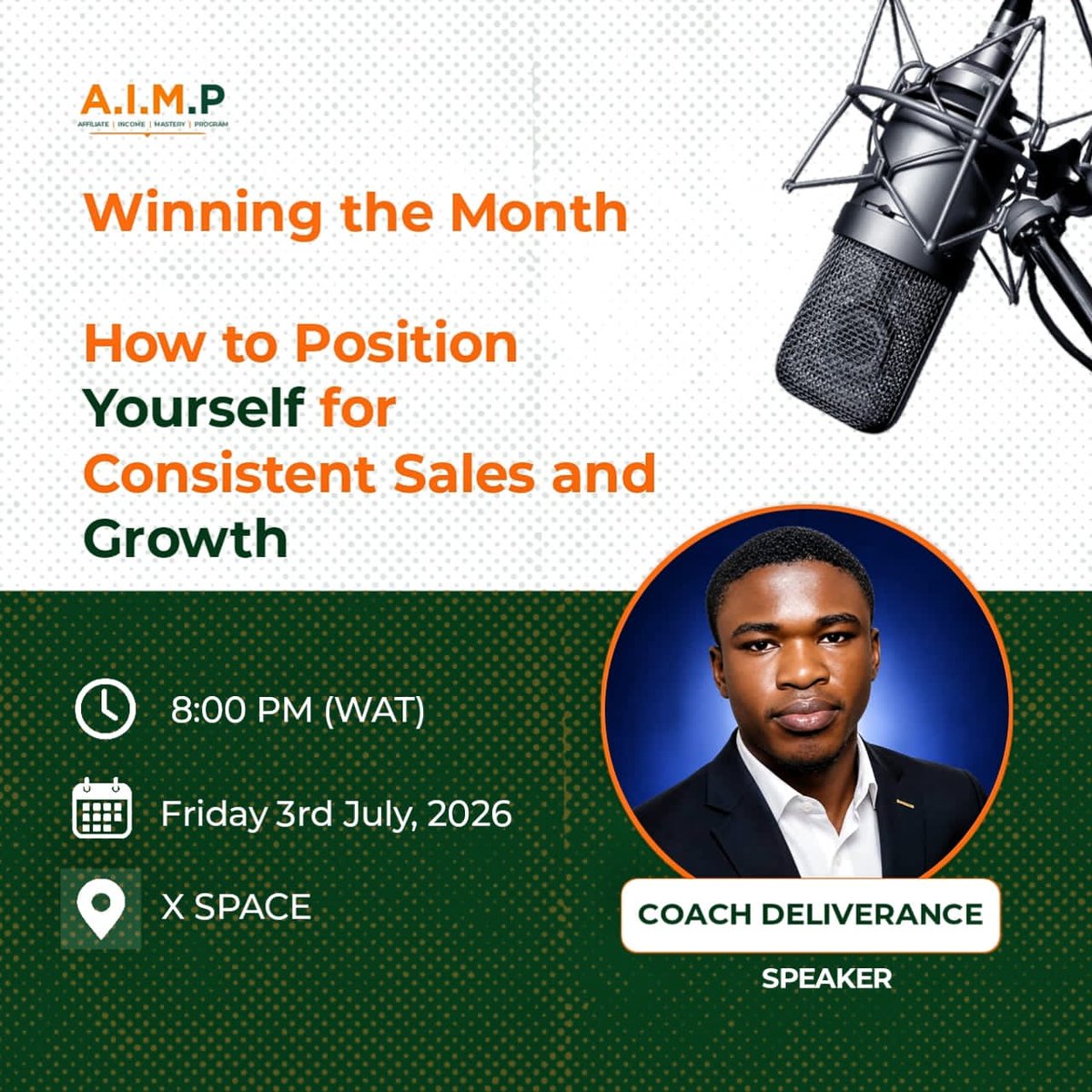 AIMP_Course's tweet photo. The journey to consistent sales starts with positioning yourself the right way.

Join us tonight as Coach Deliverance @MatthewPri13403 breaks it down.

🕗 8:00 PM (WAT)
📍 X Space

Set your reminder.

See you there 🚀 https://t.co/ZSn8IazkUc