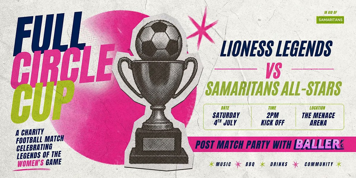 WeAreTheFSA's tweet photo. We’re giving our support this weekend to a charity football match celebrating legends of the women’s game with all funds raised going to @samaritans 

📍 Peckham Town (SE21 7EU)
⏰ 2pm KO (Doors from 12:30)
🪩 Afterparty with Baller FC

Tickets: https://t.co/fQUDp0vSPq https://t.co/WxFheEt6Xi