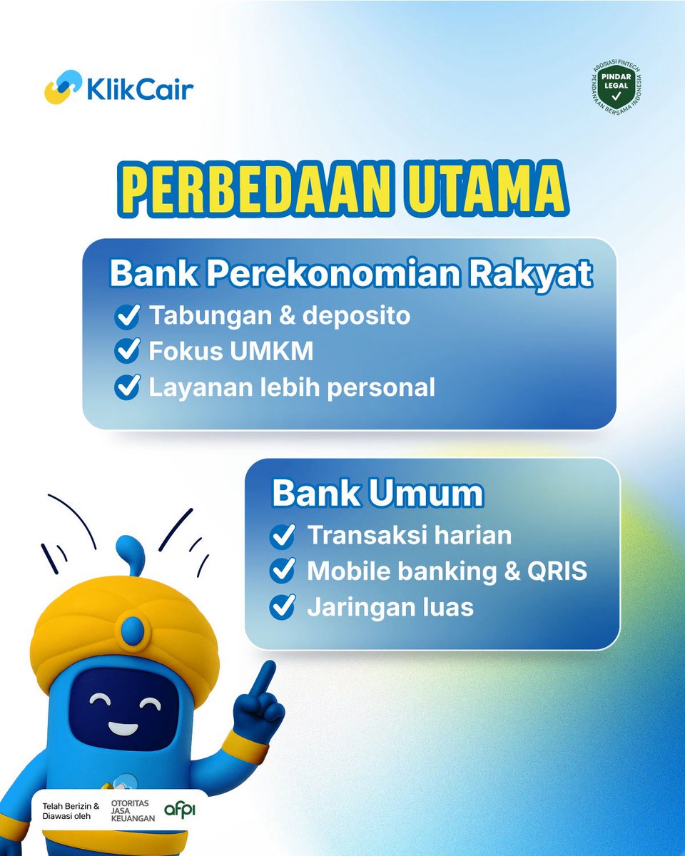 klikcaircom's tweet photo. Masih bingung pilih BPR atau Bank Umum? 🤔
Kenali perbedaannya agar bisa memilih layanan yang sesuai dengan kebutuhan finansialmu.

📖 Baca selengkapnya di https://t.co/KveMNaQz8S https://t.co/SiMQeTtRIG