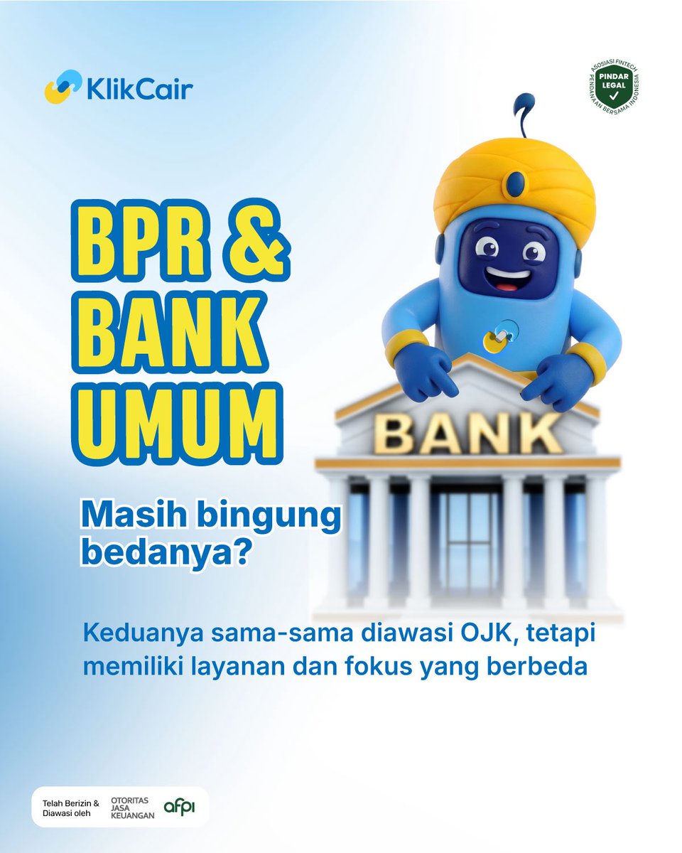 klikcaircom's tweet photo. Masih bingung pilih BPR atau Bank Umum? 🤔
Kenali perbedaannya agar bisa memilih layanan yang sesuai dengan kebutuhan finansialmu.

📖 Baca selengkapnya di https://t.co/KveMNaQz8S https://t.co/SiMQeTtRIG