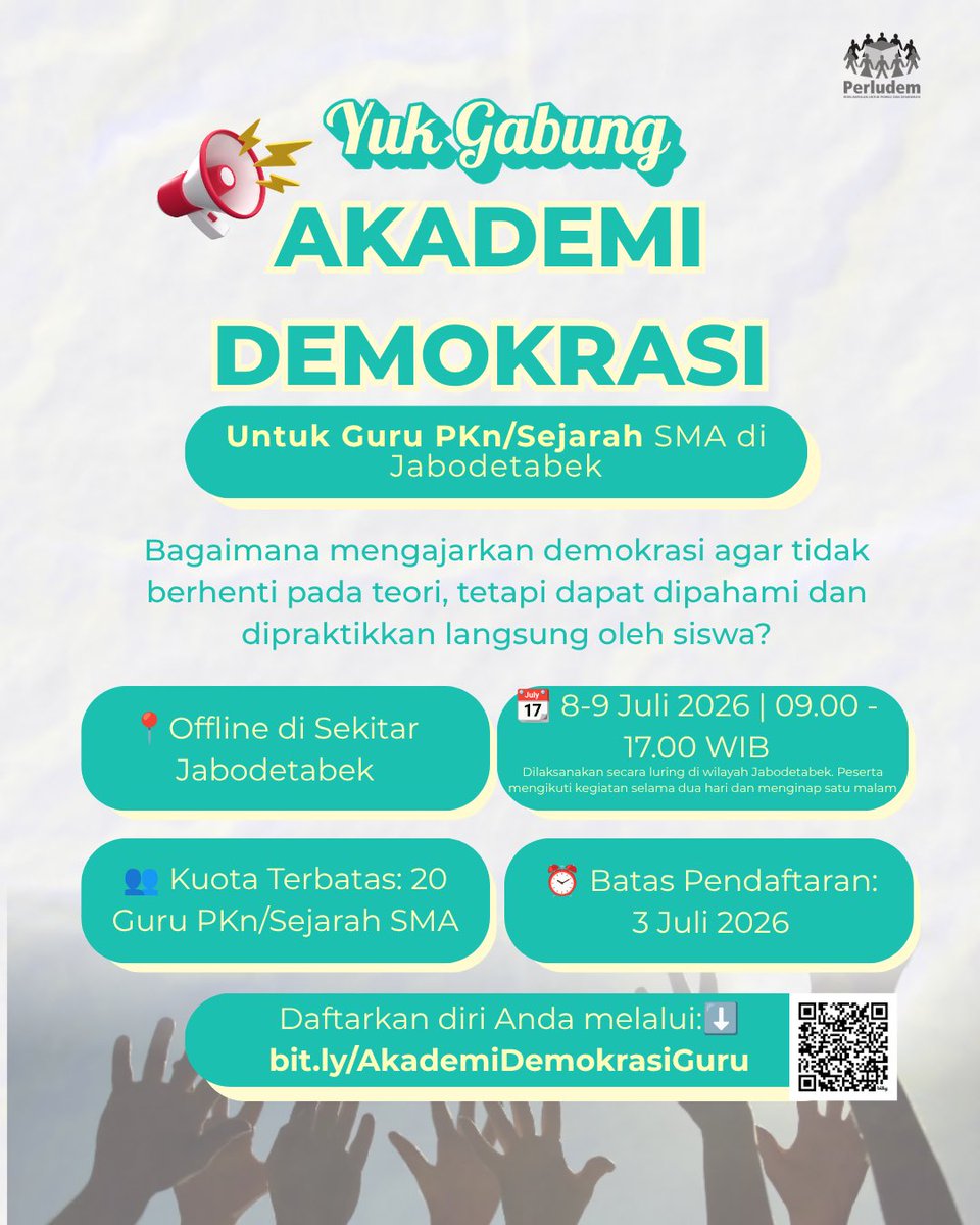 perludem's tweet photo. 📢 Guru PKn &amp; Sejarah SMA di Jabodetabek, yuk bergabung di Akademi Demokrasi!

Pelatihan 2 hari untuk memperkuat pembelajaran demokrasi yang partisipatif dan relevan bagi generasi muda.

Daftar di sini: https://t.co/6JPLlUtgcD 

Deadlinenya 3 Juli 2025, pukul 23.59 WIB ya!😁 https://t.co/5sahLJ0aCa