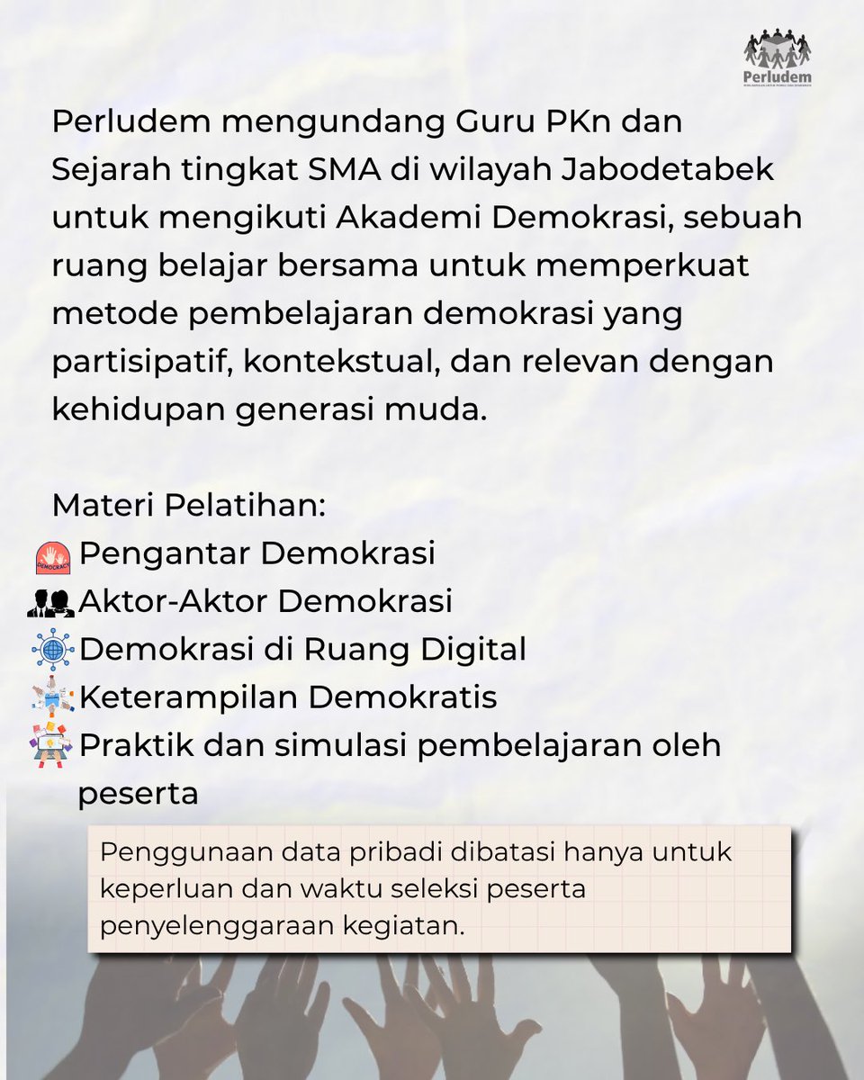 perludem's tweet photo. 📢 Guru PKn &amp; Sejarah SMA di Jabodetabek, yuk bergabung di Akademi Demokrasi!

Pelatihan 2 hari untuk memperkuat pembelajaran demokrasi yang partisipatif dan relevan bagi generasi muda.

Daftar di sini: https://t.co/6JPLlUtgcD 

Deadlinenya 3 Juli 2025, pukul 23.59 WIB ya!😁 https://t.co/5sahLJ0aCa
