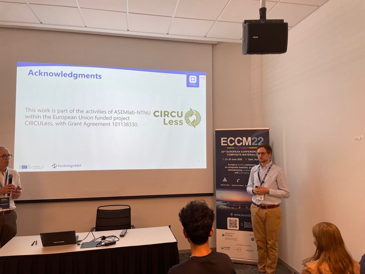 CIRCULess's tweet photo. 🔔CIRCULess showcases innovative circular solutions at ECCM22! 🏗️

👉 We were delighted to present the latest research from the CIRCULess project at the 22nd European Conference on Composite Materials (ECCM22), held in Oslo, Norway, from 21–25 June 2026. Bringing together around 1,500 participants from academia, research, and industry, ECCM22 provided an excellent platform to exchange knowledge and discuss the future of sustainable composite materials.

👏 A big congratulations to our CIRCULess researchers who presented their work:

🔹 Maximilian Stöckle (ASEMlab) – "On the development of wood-plastic composites with reclaimed raw materials employing 3D printing and injection molding"
🔹 Chrysoula Tzina (ASEMlab) – "Development of quality control strategies for reclaimed timber towards optimized upcycling"
🔹 Ahmed Sedky M. Elsayed (ASEMlab) – "Robotic processing of reclaimed timber"
🔹 Christina Podara (R-NanoLab)  – "Sustainable polypropylene composites reinforced with construction and demolition wood waste: Processing, characterization and optimization"

🔎 Together, these presentations highlighted the latest advances in recovering, characterizing, processing, and upcycling reclaimed timber and construction and demolition wood waste into high-value composite materials. They also demonstrated how CIRCULess is combining robotics, digital technologies, advanced material characterization, and sustainable manufacturing to support a more circular construction sector.

🌟 We would also like to give a special recognition to the CIRCULess Project Coordinator, Prof. Sotirios Grammatikos, who served as Conference Chair of the event. Together with the volunteers and colleagues at Norwegian University of Science and Technology (NTNU) who organized ECCM22, the event was a huge success.

🌍 Consortium: ASEMlab - Norwegian University of Science and Technology (NTNU) I AIMEN Centro Tecnológico I Holcim I Omtre I FORESTIA I Gjøvik Kommune I R-NanoLab - National Technical University of Athens I DTU - Technical University of Denmark I Luleå University of Technology I UNE - Asociación Española de Normalización I IRES I Global Consulting Sustainability AS I Eindhoven University of Technology I TECNALIA Research & Innovation I Volbas I University of Thessaly I bAvenir I TheGreenTech I Zerofect I University of Hertfordshire