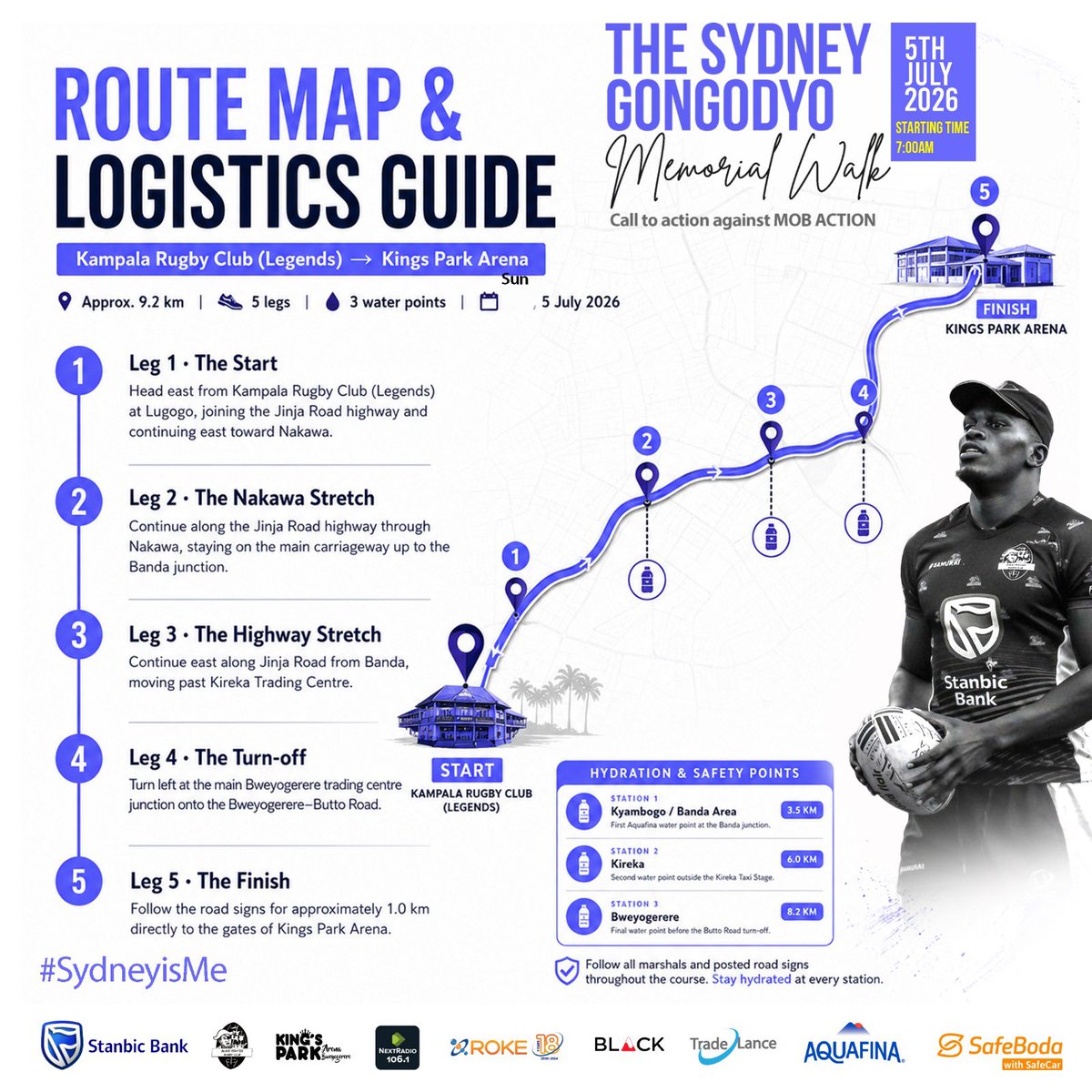 piratesrugbyUG's tweet photo. The Sydney Gongodyo Memorial Walk.

A call to action against MOB ACTION.

▪️ Time - 7:00am
▪️ Set off - Kampala Rugby Grounds (Legends)
▪️ Three Hydration points.
▪️ Destination - KPA
▪️ Selling points- See poster

#ForSydney l #SydneyisMe 

#StanbicPirates|| #RokeWithPirates || #VisitKPA || #PiratesStrong