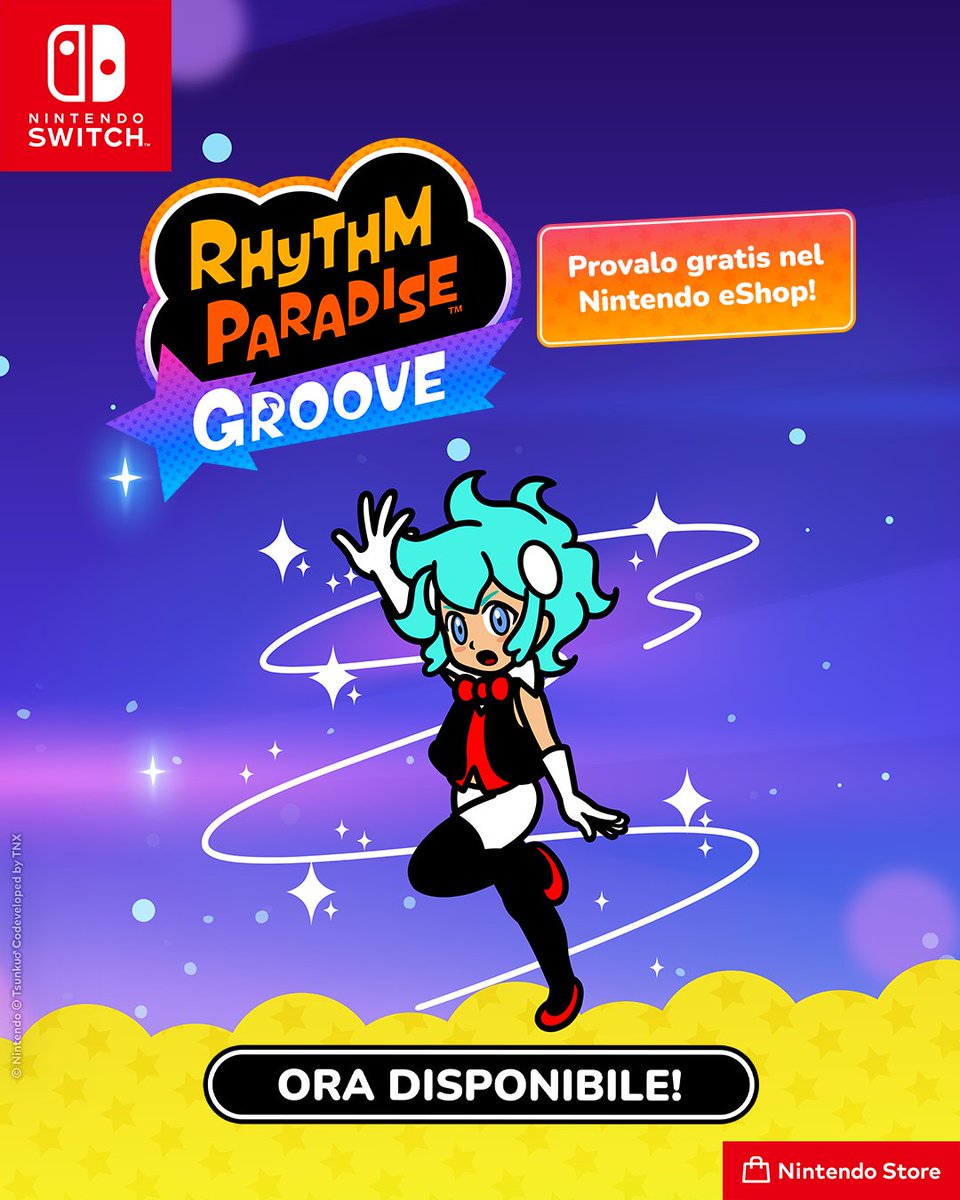 NintendoStoreIT's tweet photo. Tutto è possibile con il ritmo! Rhythm Paradise Groove per Nintendo Switch è ora disponibile. Con la versione scaricabile, che trovi nel Nintendo Store, puoi iniziare subito a giocare! Disponibile per l’acquisto qui: https://t.co/kr5qOSvXWz https://t.co/HMiH0unOYZ