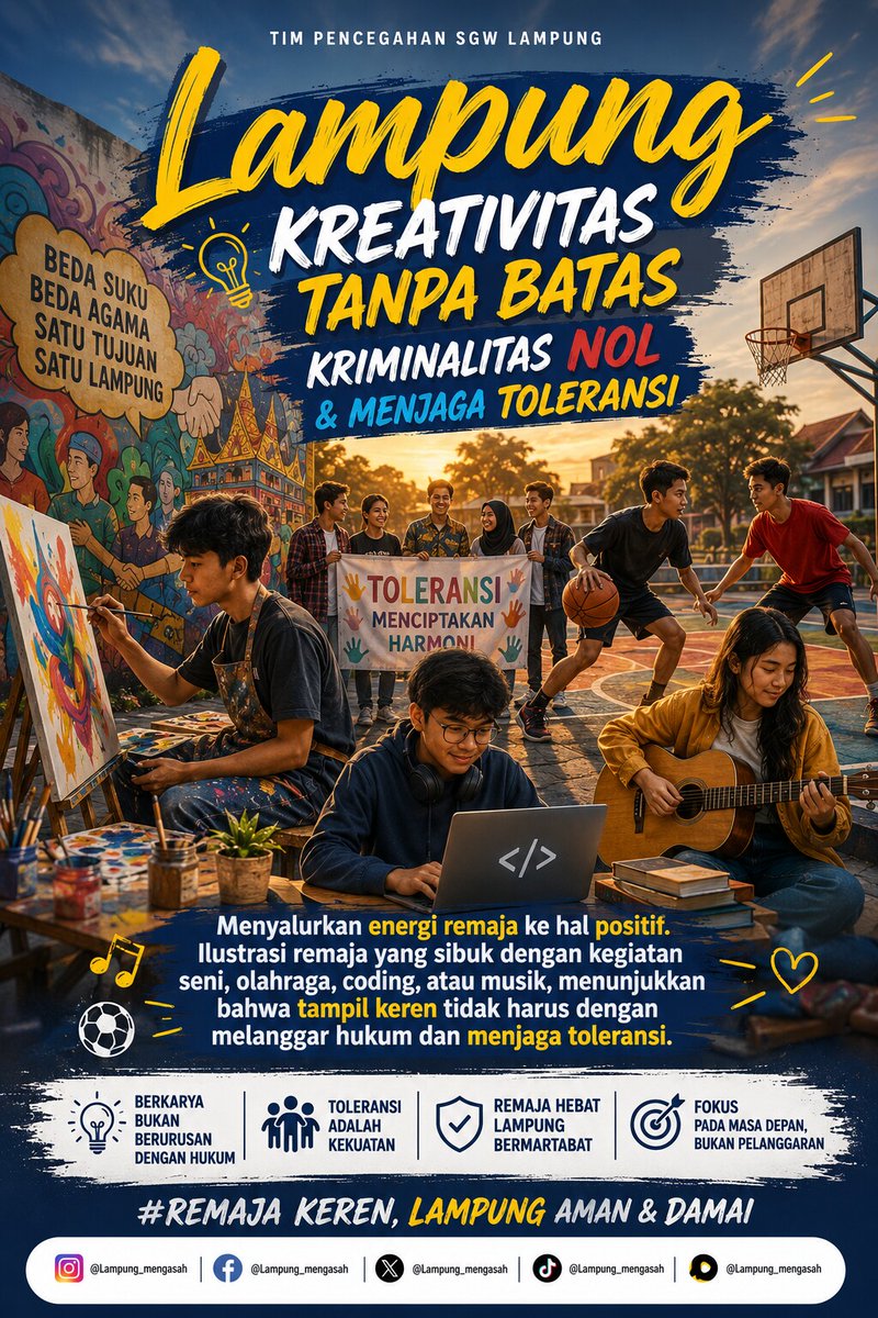 Lampung_kidah's tweet photo. Kreativitas tanpa batas, kriminalitas nol! Menurut kalian, kegiatan positif apa sih yang paling seru buat menyalurkan energi remaja saat ini?
#lampungsaipekat #RemajaProduktif #IndonesiaDamai #YouthEmpowerment #LampungKece https://t.co/IJH9BKEXds