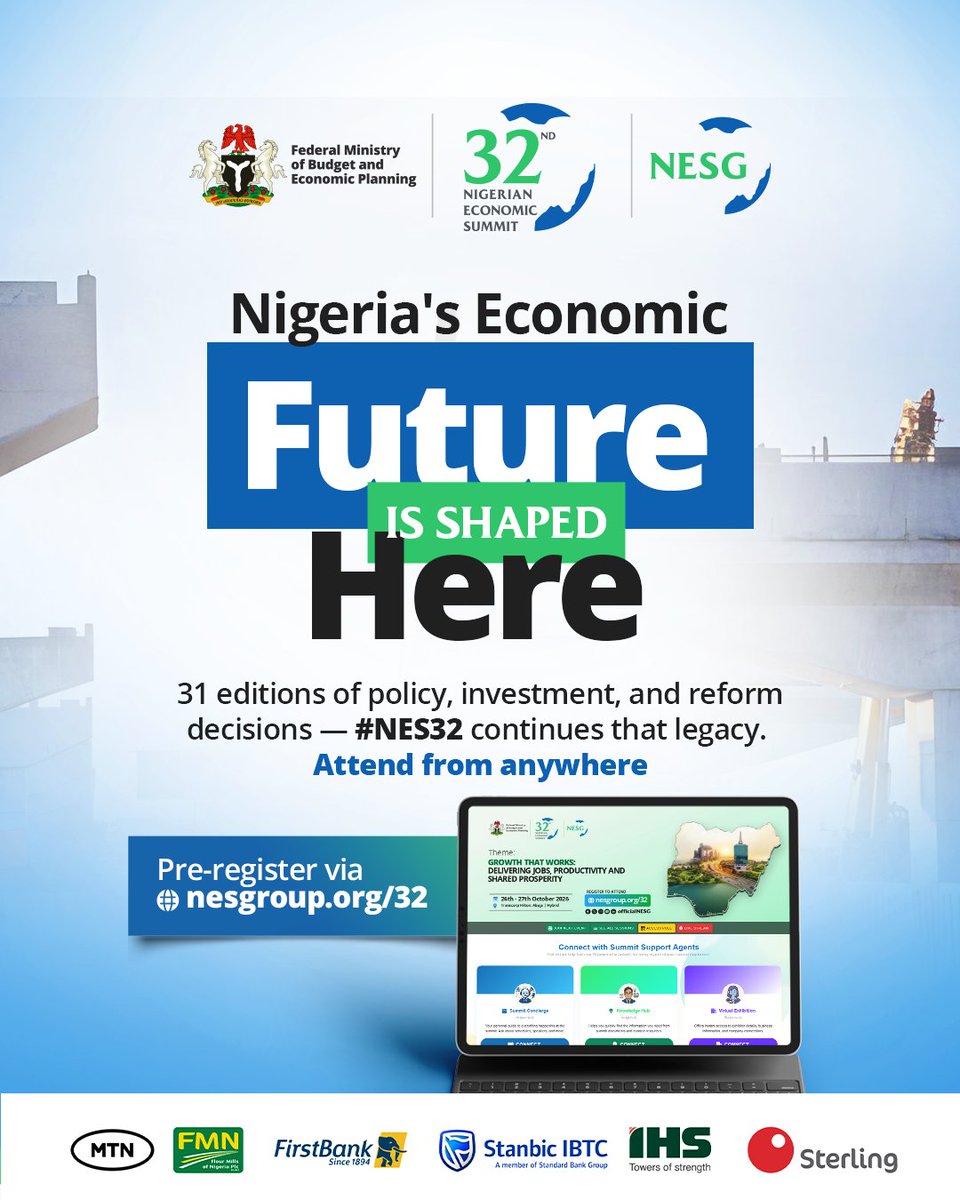 officialNESG's tweet photo. What does growth that actually works look like for Nigeria?

This question—and the answers that will shape Nigeria's economic future through jobs, productivity, and shared prosperity—will take center stage at the 32nd Nigerian Economic Summit (#NES32).

Join world-class policymakers, business leaders, and global investors virtually from anywhere in the world for Africa's foremost economic summit.

Theme: Growth That Works: Delivering Jobs, Productivity and Shared Prosperity

Date: October 26–27, 2026

Be part of the conversations shaping Nigeria's next phase of economic transformation.

Pre-register: https://t.co/eZAiWWfjMv

#NES32 #GrowthThatWorks #NigerianEconomicSummit