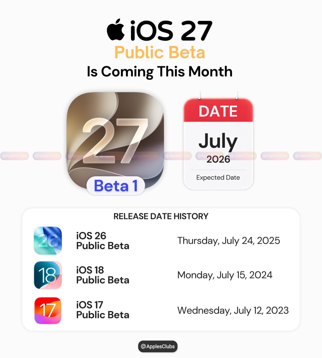 ApplesClubs's tweet photo. 🚨 iOS 27 Public Beta could arrive later this month. https://t.co/yTP2A0gwQq