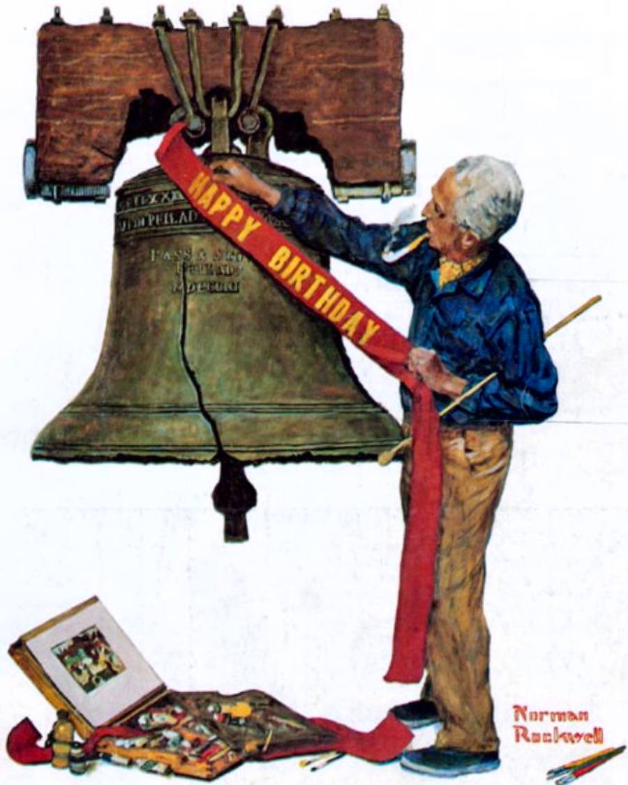 MoundLore's tweet photo. In 1976, 82-year-old Norman Rockwell was asked to create a painting for America’s bicentennial.

Instead of something grand, he painted an aging artist carefully lettering a simple “Happy Birthday” banner across the Liberty Bell.

A quiet joke about growing older and about knowing simplicity is often the hardest thing to paint.
