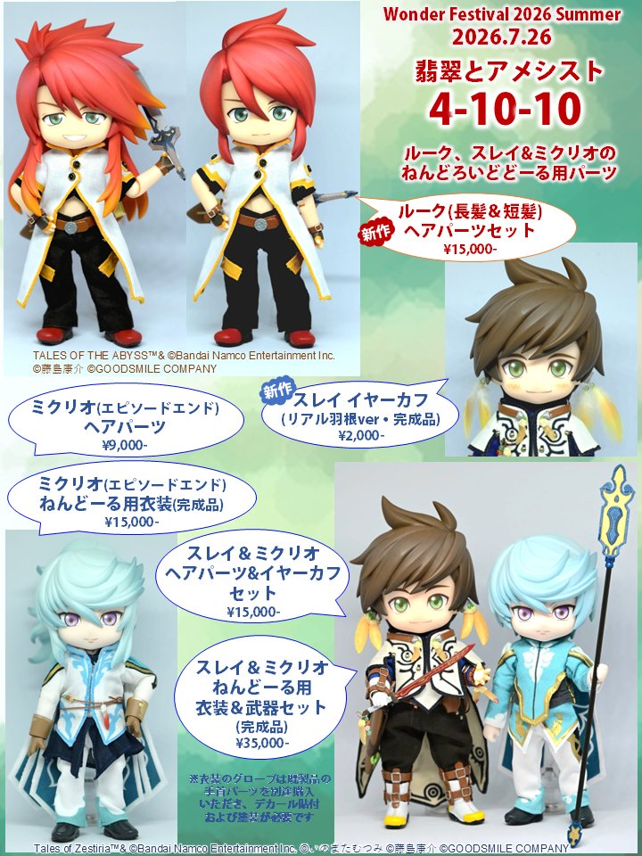 stanRefrainFlat's tweet photo. #WF2026S おしながき
テイルズオブねんどろいど＆ねんどーる
ｼﾞ ｱﾋﾞｽ⭐ルーク
・ﾍｱﾊﾟｰﾂｾｯﾄ(新作)
 ｾﾞｽﾃｨﾘｱ⭐スレイ＆ミクリオ
・スレイｲﾔｰｶﾌ(新作)
・ﾍｱﾊﾟｰﾂ&amp;ｲﾔｰｶﾌｾｯﾄ(再販)
・衣装&amp;武器ｾｯﾄ(再販)
・エピリオﾍｱﾊﾟｰﾂ(再販)
・エピリオ衣装(再販) https://t.co/fbDmo1qpGt