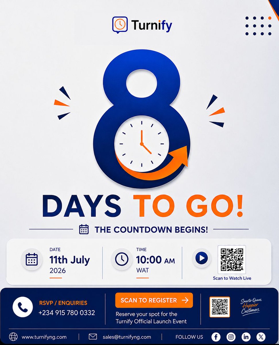 Turnifyng's tweet photo. 🚀 Only 8 DAYS TO GO!

The countdown to the official #Turnify Product Launch has begun.

Join us on 11 July | 10:00 AM (WAT) for an exciting virtual event as we unveil a smarter way to manage appointments and bookings.

Register by scanning the QR code.

#ProductLaunch #Startup https://t.co/EYjXsGKQ1v