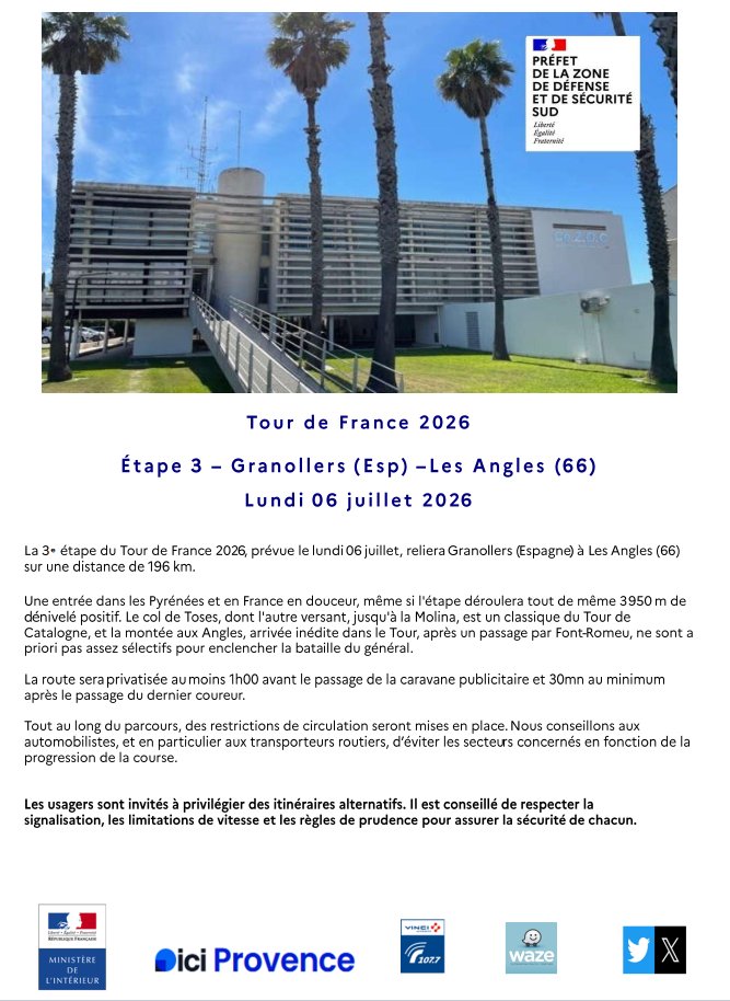 cezocsud's tweet photo. Communiqué CRZ Sud - étape 3 du TDF 2026 - de Granollers (Espagne) - Les Angles (dépt 66) du lundi 06 juillet 2026. https://t.co/kCWpgAPCUj