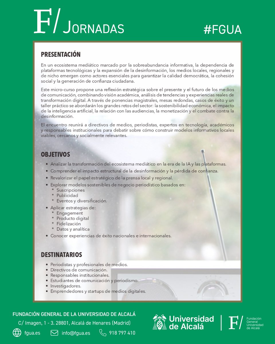 FGUAes's tweet photo. 📢La #FGUA organiza el 9 y 10 de julio en Sigüenza el curso de verano «Medios locales en la era digital: sostenibilidad, comunidad y desinformación» para analizar los desafíos y oportunidades a los que se enfrenta el periodismo de proximidad.

➕ℹ️➡️ https://t.co/NiTBA61Ohv

#IA https://t.co/hT8GGEvM73