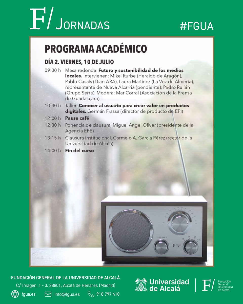 FGUAes's tweet photo. 📢La #FGUA organiza el 9 y 10 de julio en Sigüenza el curso de verano «Medios locales en la era digital: sostenibilidad, comunidad y desinformación» para analizar los desafíos y oportunidades a los que se enfrenta el periodismo de proximidad.

➕ℹ️➡️ https://t.co/NiTBA61Ohv

#IA https://t.co/hT8GGEvM73
