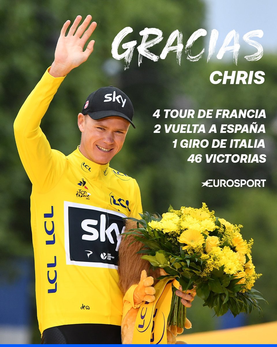 Eurosport_ES's tweet photo. ❗ Chris Froome anuncia su retirada del ciclismo profesional a los 41 años:

"Lamentablemente, esto fue por la caída del pasado verano. No es la forma en la que quería acabar, pero entonces ya sabía que todo se había acabado"

🩷💛❤️ 4 Tour de Francia, 2 Vuelta a España y 1 Giro de Italia engrosan su palmarés.