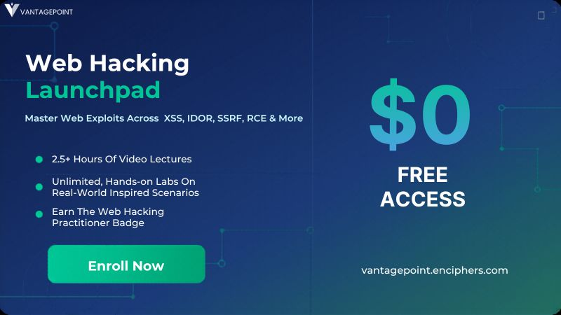 vantag3point's tweet photo. Ready to step up your offensive security skills? ⚡
Master critical exploits like XSS, IDOR, SSRF, RCE and more on FREE Web Hacking Launchpad
👉 Start hacking now: https://t.co/URQiyKXlCp
#Cybersecurity #AppSec #EthicalHacking #Infosec #WebSecurity #VantagePoint https://t.co/363LUOdnSI