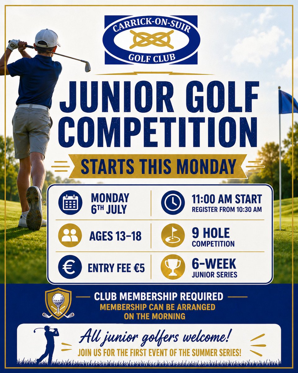 CarrickGolf's tweet photo. ⛳ Junior Golf Competition – Starts This Monday! ⛳
Carrick-on-Suir Golf Club is delighted to launch a 6-week run of Junior Golf Competitions for 13–18 year olds.

For any questions, please email: juniorgolfcos@gmail.com https://t.co/9UtUmhiqjX