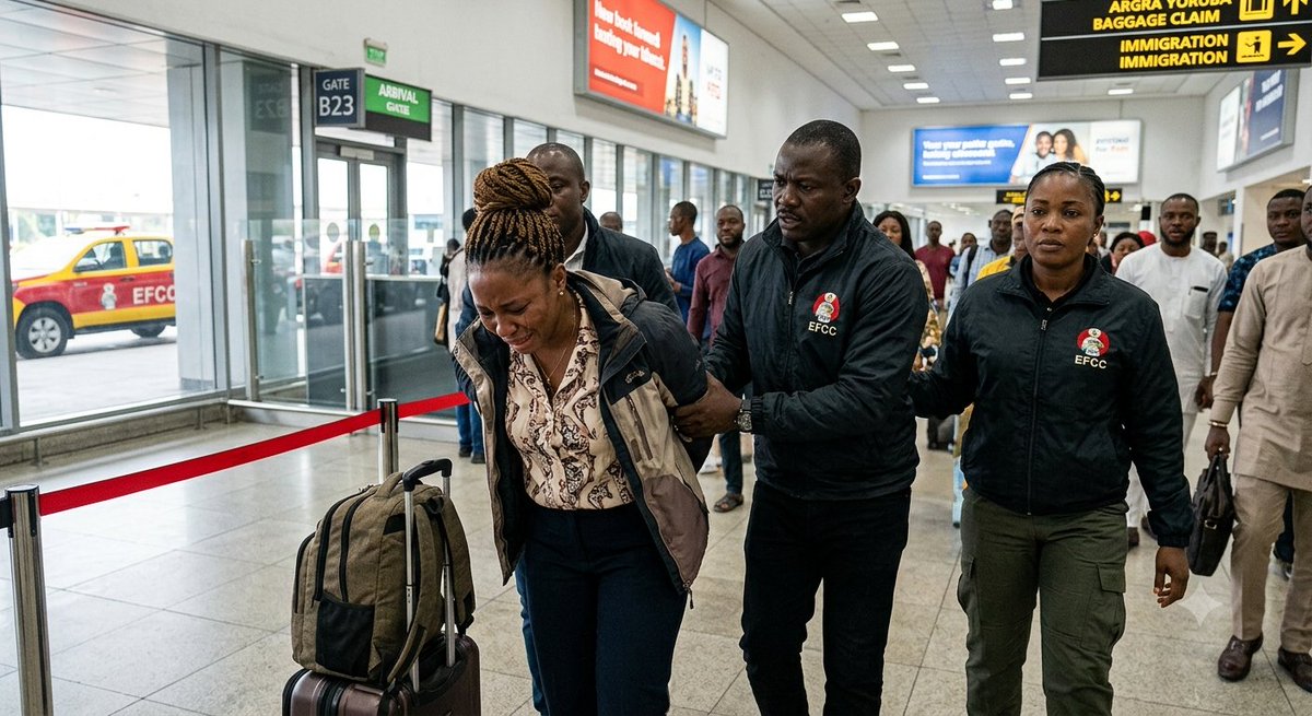Queeneth01olx's tweet photo. The moment reality caught up with her 😭 😭 😭👇

From laughing at HR over the phone to being intercepted by the EFCC at the arrival gate.

Her freshly minted Canadian visa is gone, her record is ruined, and the ₦2.8 million still has to be paid back.

Like I said, greed will convince you that you are outsmarting the system, but zero integrity will always be a person's ultimate downfall. Character is everything.

A poor mindset will always be the ultimate downfall.

Raise your behavioral standards. Integrity is non-negotiable ✍️

What's the biggest lesson you're taking away from this whole saga? Let's talk in the replies.