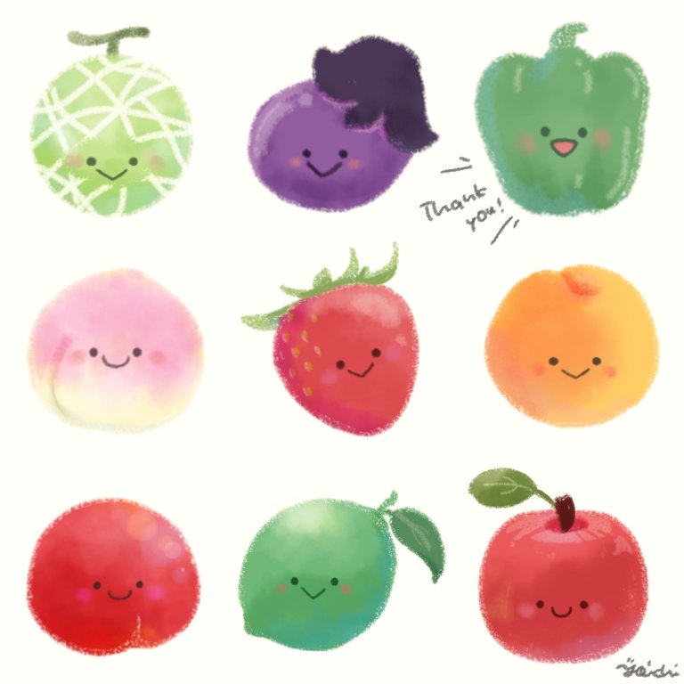 yoichinoheya15S's tweet photo. 今回のリクエストイラストの果物と野菜🌼
たくさんかわいこちゃんたちが生まれました🎵

リクエストありがとうございました😊
#イラスト　#ゆるいイラスト https://t.co/tsBubQR4fR