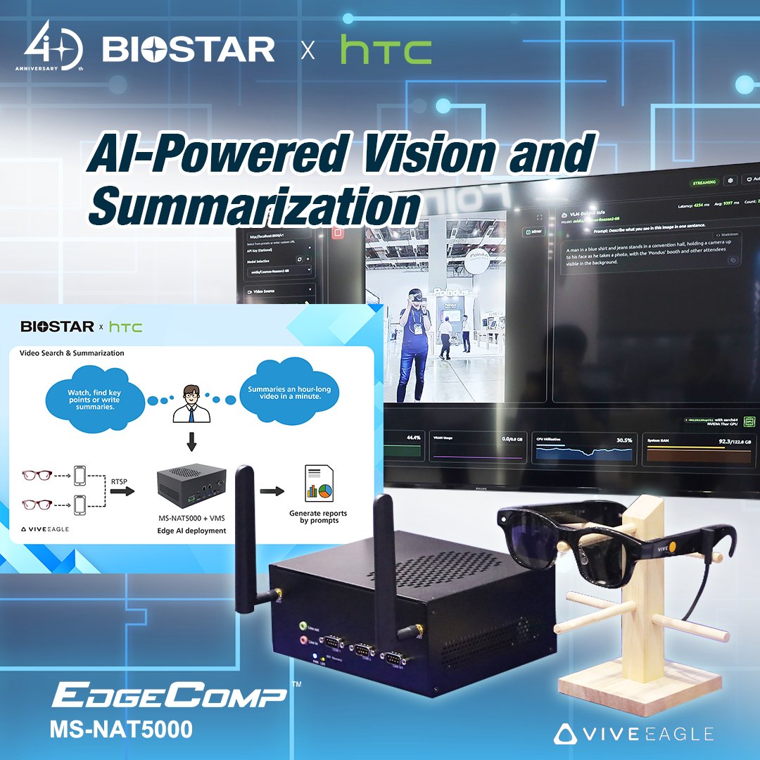 BIOSTAR_Global's tweet photo. By combining the EdgeComp MS-NAT5000 with VIVE Eagle smart glasses, the system analyzes visual content in real time, automatically recognizes scenes, understands events, and generates concise summaries.
https://t.co/COKYZuZfW0
#BIOSTAR #NVIDIA #AISolutions #HTC https://t.co/Em7QH825gv