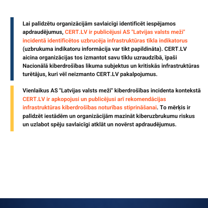 certlv's tweet photo. https://t.co/8nnjFn07MP novēro, ka par LVM incidentu atbildīgais uzbrucējs turpina aktivitātes Latvijas kibertelpā.  Šeit pieejami  uzbrucēja infrastruktūras tīkla indikatori un rekomendācijas organizāciju kiberdrošības noturības stiprināšanai:  https://t.co/rg6AiCFXTr https://t.co/4pHLGEPFDx