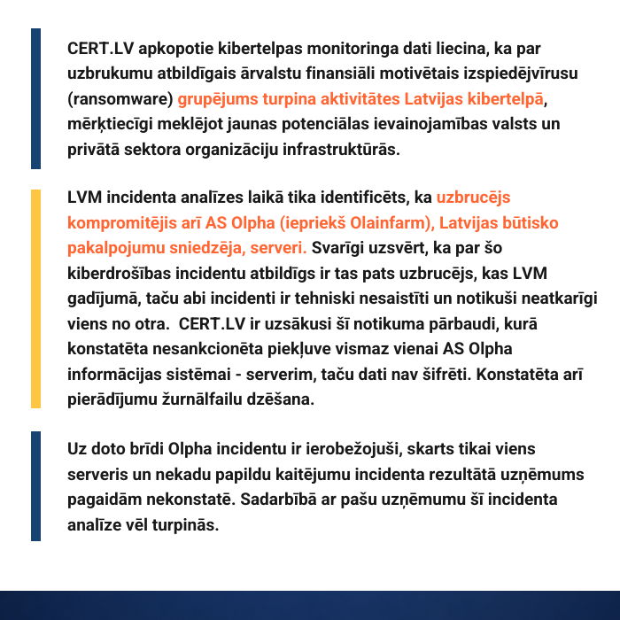 certlv's tweet photo. https://t.co/8nnjFn07MP novēro, ka par LVM incidentu atbildīgais uzbrucējs turpina aktivitātes Latvijas kibertelpā.  Šeit pieejami  uzbrucēja infrastruktūras tīkla indikatori un rekomendācijas organizāciju kiberdrošības noturības stiprināšanai:  https://t.co/rg6AiCFXTr https://t.co/4pHLGEPFDx