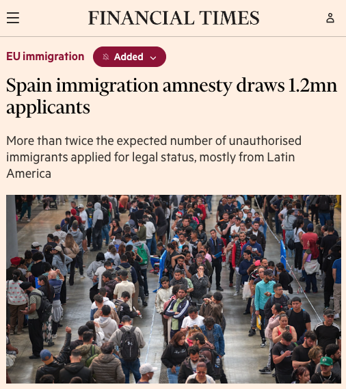 marcvidal's tweet photo. El artículo del Financial Times pone el foco en los datos de la regularización y recoge argumentos tanto a favor como en contra de la medida. 

Aunque no desarrolla un análisis económico profundo sobre el impacto de la inmigración, su lectura invita a ir más allá del debate simplista entre quienes sostienen que "la inmigración es imprescindible" y quienes afirman que "la inmigración es el problema". 

La cuestión de fondo sería evaluar aspectos como la cualificación de los inmigrantes, su integración laboral, su contribución fiscal, el coste de los servicios públicos y su impacto sobre salarios, vivienda y productividad.