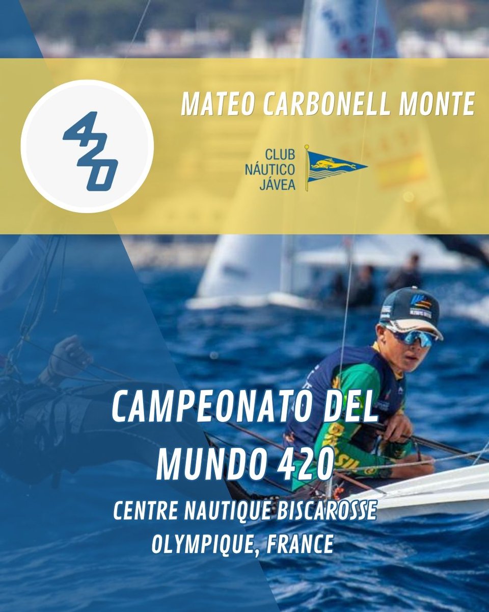 cnjavea's tweet photo. ⛵🌍 Mateo Carbonell en el Mundial de 420 2026.

Nuestro regatista Mateo Carbonell ya está preparado para disputar el Mundial de 420 en Francia.

La competición arranca el  04 de julio y allí se enfrentará a las mejores tripulaciones internacionales.

¡Mucha suerte Mateo!💛💙🤍 https://t.co/il7rkLHo2R