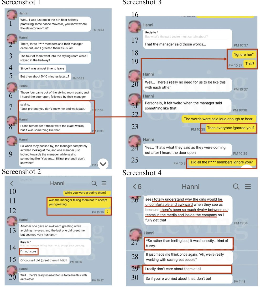 ZackZ41109's tweet photo. @pradaburger Here is the translated text presented by Ador in court. Notice how Hanni said the shits from illit were told to ignore and one said "I will pretend to not see her" https://t.co/j7Y8yQ9FXK