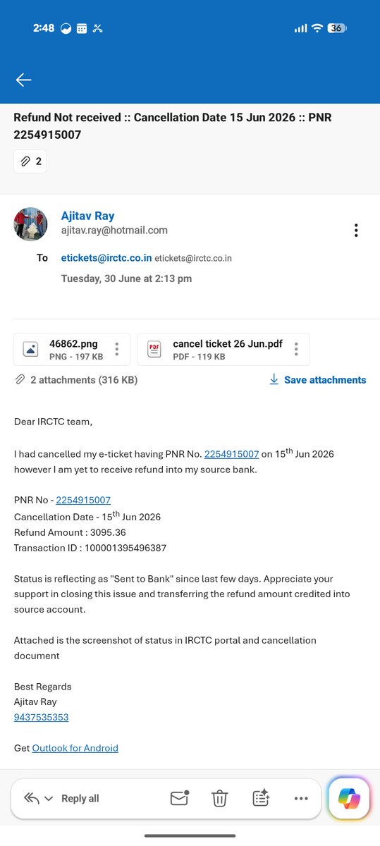 Ajitav_'s tweet photo. @RailMinIndia @IRCTCofficial @AshwiniVaishnaw train ticket with PNR 2254915007 cancelled on 15th Jun, refund still not received. Emailed irctc on 30th Jun, still no response. Appreciate quick closure https://t.co/bQ8pqwcmQY