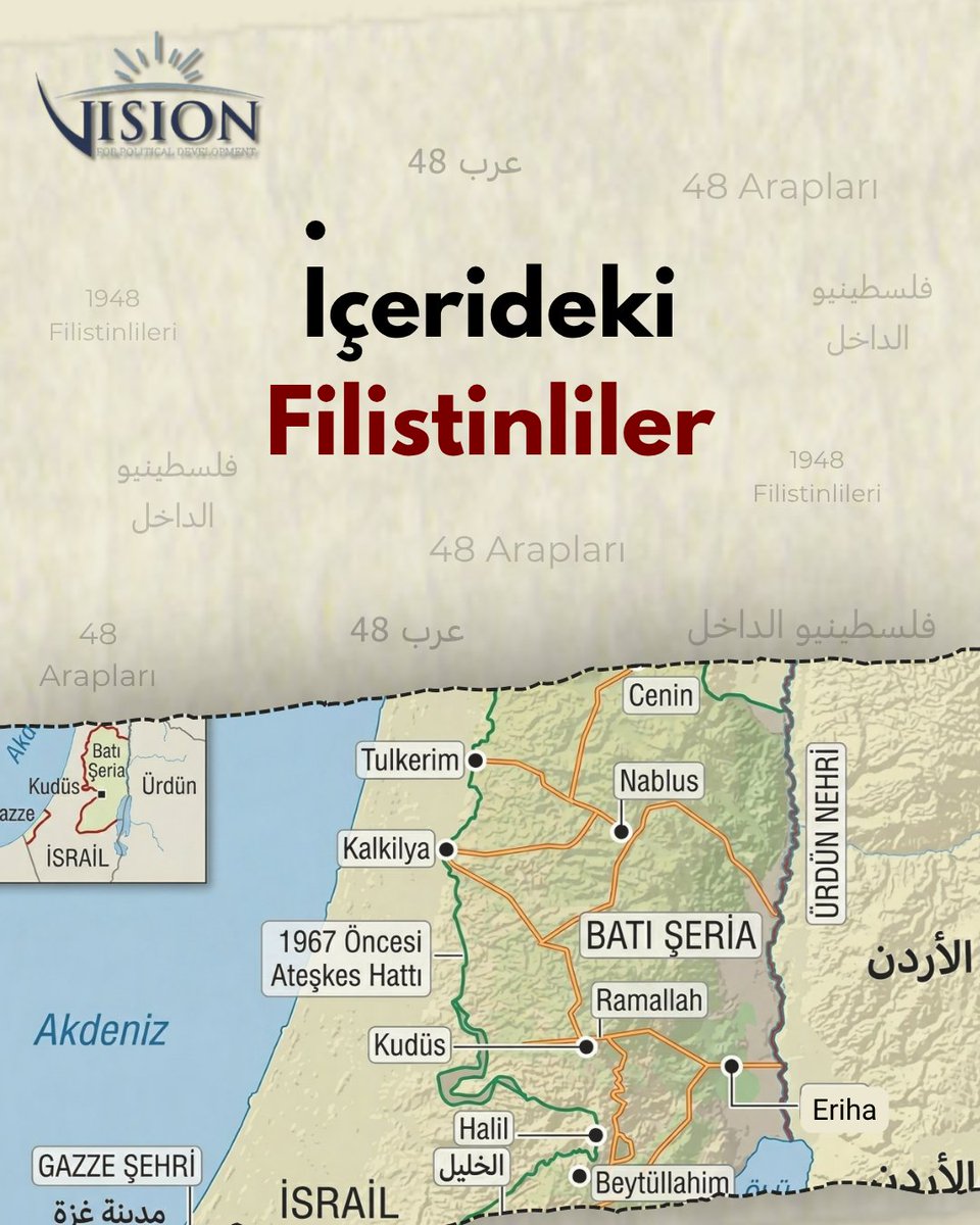 VizyonMerkez's tweet photo. “İçerdeki Filistinliler”, “48 Arapları”, “İsrail vatandaşı Filistinliler”…

Peki, bu isimlerle anılan Filistinliler kimdir? Neden farklı şekillerde tanımlanıyorlar? 1948’den bugüne uzanan hikâyeleri, kimlik mücadeleleri ve Filistin meselesindeki yerleri nedir?

Tarihsel arka planı ve bu topluluğun mücadelesini kapsamlı analizimizde ele alıyoruz.

📖 Daha fazlası için:
https://t.co/V0IrDPHBzs