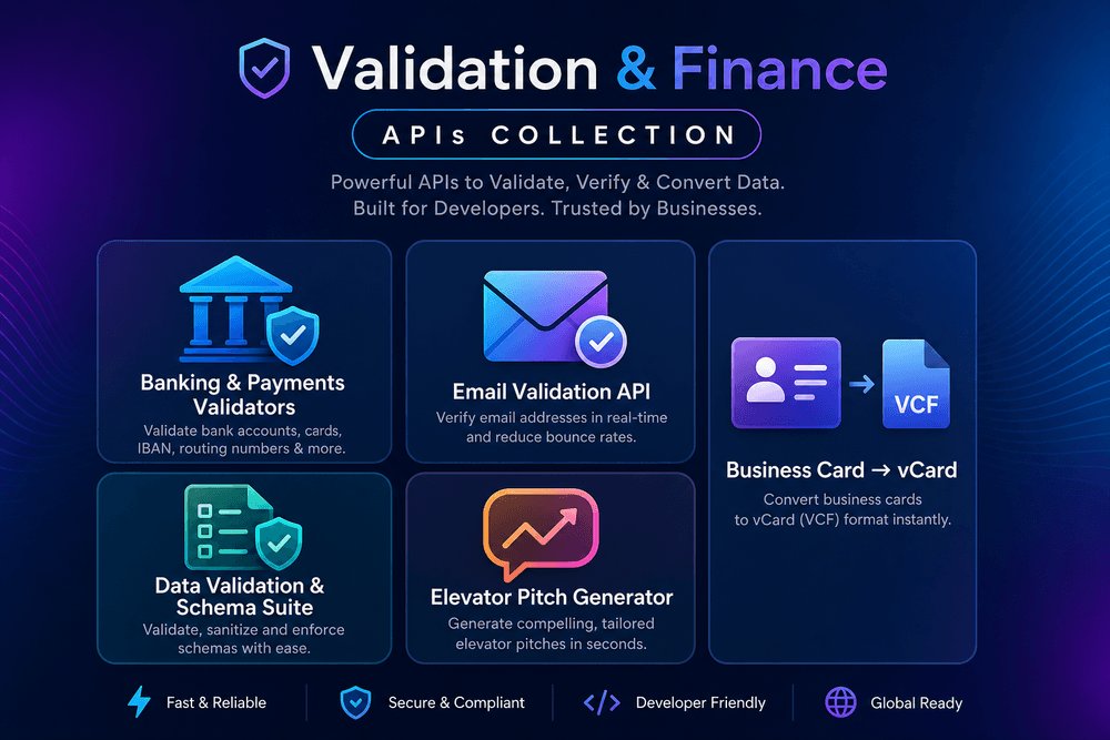 elliotjames26's tweet photo. Building a financial app? Validate payment identifiers effortlessly with our Validation & Finance APIs! From IBAN to BIC, and even business card data—accuracy is just an API call away!
#APIs #DataValidation https://t.co/fXU5z8kisv
