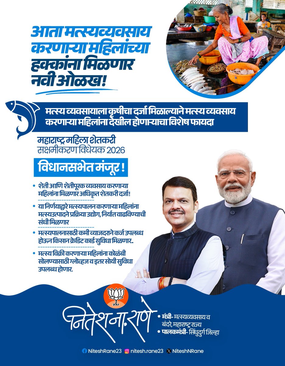 NiteshNRane's tweet photo. आदरणीय मुख्यमंत्री मा.श्री.देवेंद्रजी फडणवीस यांच्या दूरदर्शी नेतृत्वाखाली राज्यातील लाखो महिलांना स्वतंत्र शेतकरी म्हणून कायदेशीर मान्यता देणारे 'महाराष्ट्र महिला शेतकरी सक्षमीकरण विधेयक, २०२६' मंजूर झाले आहे. हा निर्णय म्हणजे महिला शेतकऱ्यांच्या कष्टांचा, योगदानाचा आणि अधिकारांचा सन्मान करणारा महत्त्वपूर्ण टप्पा आहे.

मत्स्यव्यवसायाला कृषीचा दर्जा मिळाल्याने मत्स्य व्यवसायाशी संबंधित महिलांनाही या निर्णयाचा मोठा लाभ होणार आहे. मत्स्यपालन करणाऱ्या महिलांना मत्स्य प्रक्रिया उद्योग, निर्यात वाढीच्या संधी, कमी व्याजदराने कर्ज, किसान क्रेडिट कार्डची सुविधा उपलब्ध होणार आहे. तसेच मत्स्य विक्री करणाऱ्या महिलांसाठी कोळंबी सोलण्यासाठी ग्लोव्हजसह आवश्यक सुविधा उपलब्ध करून देण्यात येणार आहेत.

महिला सक्षमीकरणाच्या दिशेने महाराष्ट्राने टाकलेले हे महत्त्वपूर्ण पाऊल असून, हा निर्णय आदरणीय श्री.देवेंद्रजी फडणवीस यांच्या सर्वसमावेशक, संवेदनशील आणि लोकाभिमुख नेतृत्वाचे मूर्तीमंत उदाहरण आहे.

@Dev_Fadnavis @CMOMaharashtra
#WomenFarmersBillbyDevaBhau #Farmers #Women #DevendraFadnavis