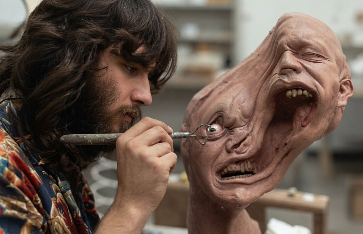 monsterblog426's tweet photo. Rob Bottin at work on the Split-Face creature for 'The Thing' (1982). https://t.co/6dNhDOuERW