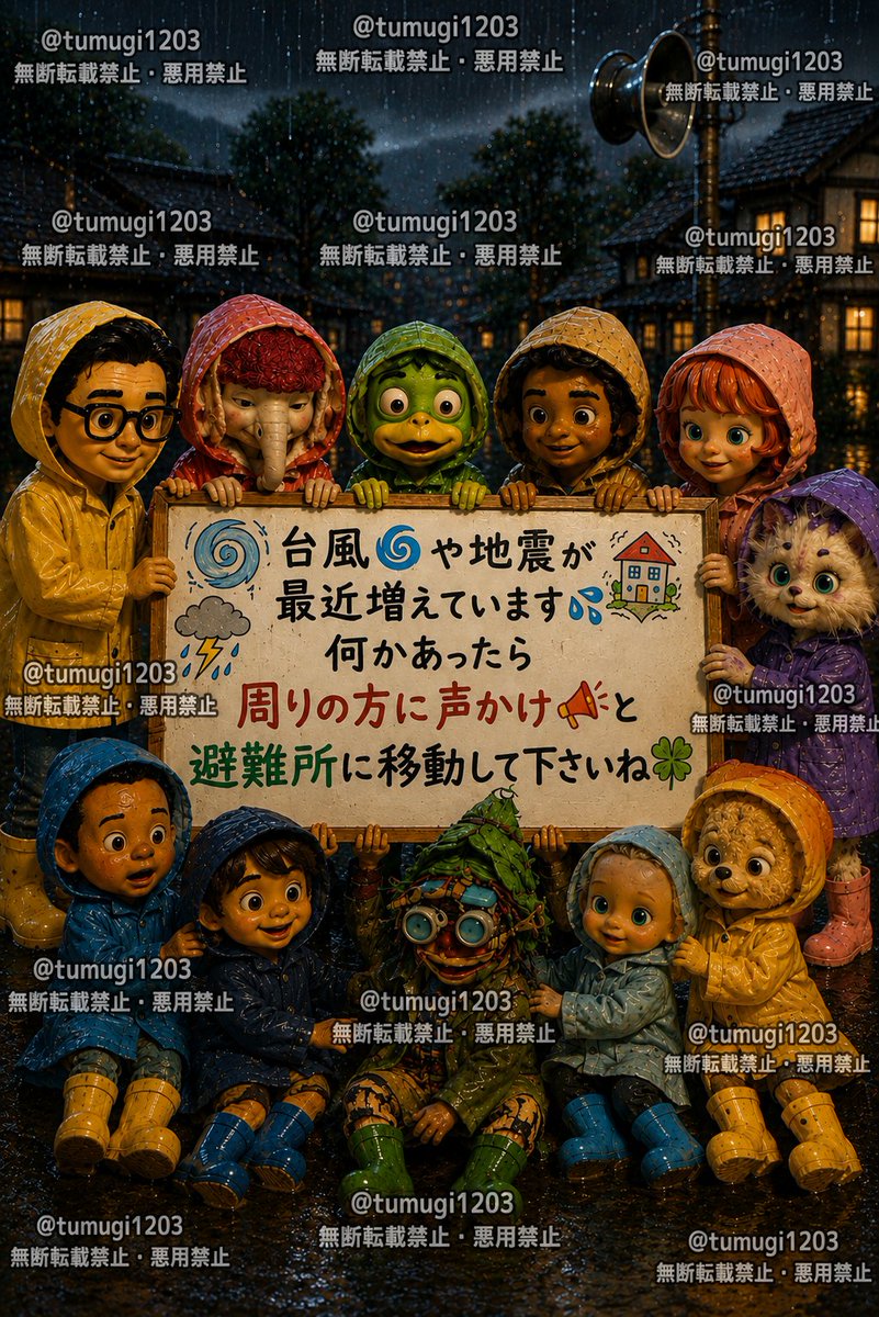 tumugi1203's tweet photo. Typhoons and earthquakes are increasing. 💦
If an emergency happens, check on others and go to a safe place or shelter. 🍀
Let's help each other. 💜🙏
#PoupelleOfChimneyTown
#ThePromisedClockTower
#DisasterPreparedness
#HelpEachOther https://t.co/EgcROgOQUG