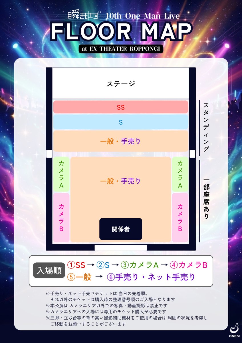 mabataki_info's tweet photo. /／
EX THEATER ROPPONGI
9/10(木)ワンマンチケット販売日時決定🌈🚪
\＼

『　　10th One Man Live
　　〜七色のX GATE〜　　』

▪️2026年9月10日(木)
▪️EX THEATER ROPPONGI
▪️OPEN17:00/START18:00

〈FC先行抽選販売：第一弾〉
7/6(月)20:00〜7/7(火)22:00
▪️SSチケット¥15,000

※入場順の整理番号が抽選となります。
※抽選申し込みの期間終了後、翌日までにメールにて抽選結果を通知いたします。
⚠️抽選申し込みにご参加のお客様は添付画像【抽選申し込みに関するルール】をご確認の上、お申し込みください。

〈FC先行販売：第二弾〉
7/9(木)20:00〜
▪️SSチケット¥15,000
▪️Sチケット¥8,000
▪️カメラAチケット¥8,000
▪️カメラBチケット¥4,500
▪️一般チケット¥3,000
※SSチケットの整理番号はFC第一弾抽選の販売分よりも後ろになります。

FCサイトはこちら
▶https://t.co/mhn94K2Tvo
※チケットURLは上記のページで各チケット販売時刻に合わせて公開いたします。

┈┈┈┈┈┈┈┈┈┈

〈一般発売〉
7/11(土)20:00〜
▪️SSチケット¥15,000
▪️Sチケット¥8,000
▪️カメラAチケット¥8,000
▪️カメラBチケット¥4,500
▪️一般チケット¥3,000
※一般販売のチケットURLは瞬きもせず公式Xより、販売開始時刻に公開いたします。

〈ネット手売りチケット〉
7/12(日)10:00〜
▪️ネット手売りチケット¥2,000
※メンバーから直接購入できる「手売りチケット」のネット販売ver。分配できて便利な、招待特典の対象となるチケットです（紙チケットと合算可能）
※入場順はチケット購入順ではなく、当日の先着順です

┈┈┈┈┈┈┈┈┈┈

【注意事項】
※FC先行と一般発売は日時が異なっておりますのでお気をつけください。
※SS,S,カメラAについている特典ブロマイドは、チケット購入時のアンケートによる希望メンバーの集計を行います。アンケートにご記入がない、もしくは不明な場合は、当日お渡し出来ない場合があります。
※本イベントでは入場ポイントの付与はございません。

▼入場順：
SS→S→カメラA→カメラB→一般→手売り・ネット手売り
※手売り以外のチケットは全てFC先行が先の入場です。

▼ファンクラブ登録
https://t.co/FDAXDWrzdQ

▼Live pocket(チケットサイト)登録
https://t.co/mZdtQnYLkJ

※FC先行はファンクラブサイトからログイン後お申し込みください。
※FC先行受付期間内に瞬きもせずファンクラブプラン（月額550円）へのご登録が必要になります。

┈┈┈┈┈┈┈┈┈┈

〈各券種特典内容〉
▪️SS
・ライブ後囲み写メ
・特典会後全メンバーと握手orお見送り動画撮影
・サイン入りブロマイド
▪️S
・特典会後全メンバーと握手orお見送り動画撮影
・サイン入りブロマイド
▪️ カメラA
・特典会後全メンバーと握手orお見送り動画撮影
・サイン入りブロマイド

〈招待特典〉
手売りチケット・ネット手売りチケットによる招待特典もございます。詳細は添付画像をご覧ください