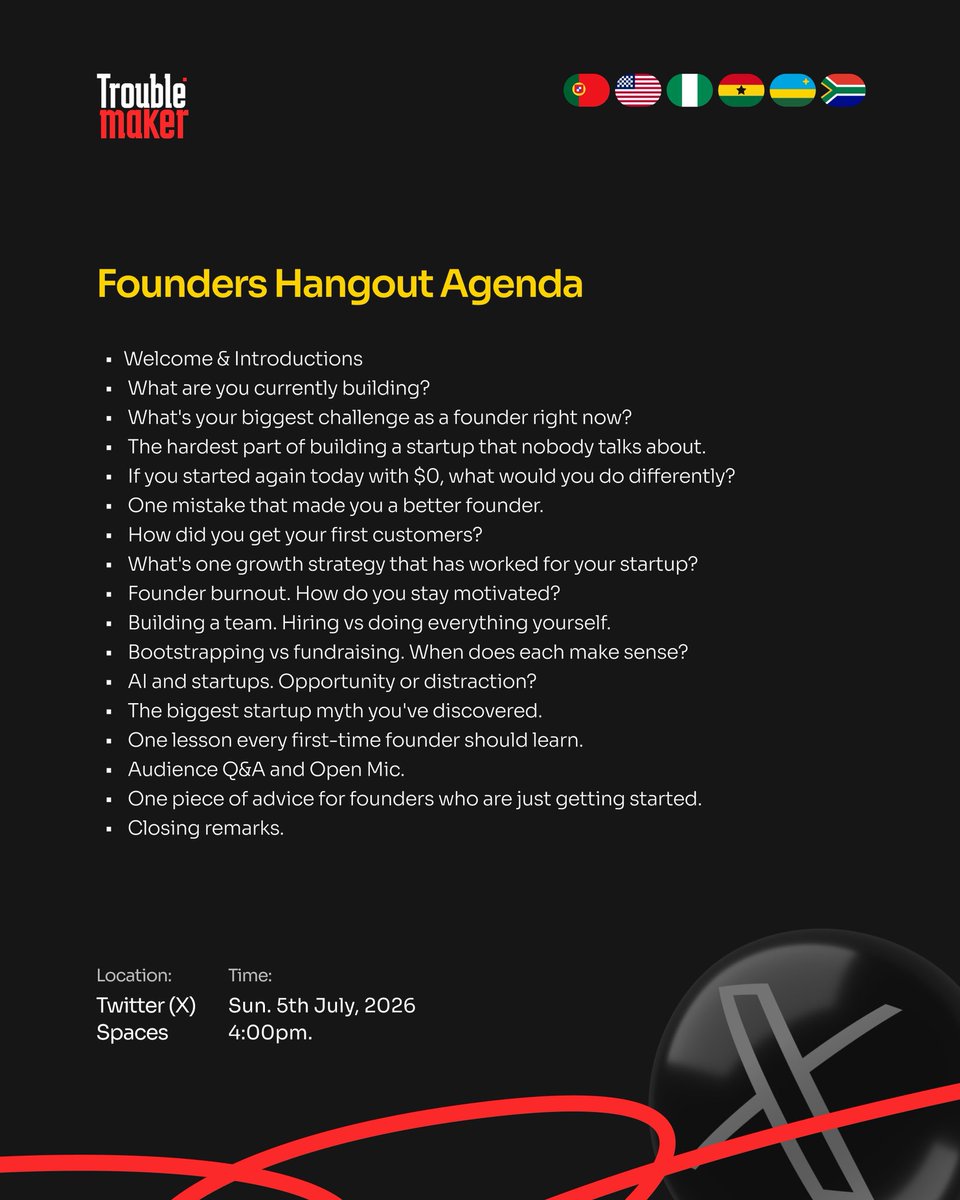 Philsmesh's tweet photo. Building a startup can be lonely.

Join us for Founders Hangout, an open conversation where founders share experiences, challenges, lessons, and ideas.

No slides.
No pitches.
Just founders talking.

July 5 | 4:00 PM WAT | X Spaces

Bring your questions. Invite a founder. https://t.co/loU5eo7LlJ