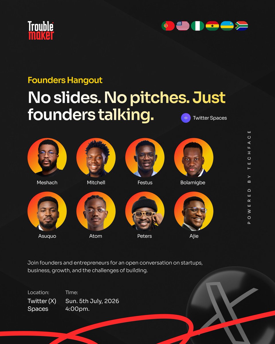 Philsmesh's tweet photo. Building a startup can be lonely.

Join us for Founders Hangout, an open conversation where founders share experiences, challenges, lessons, and ideas.

No slides.
No pitches.
Just founders talking.

July 5 | 4:00 PM WAT | X Spaces

Bring your questions. Invite a founder. https://t.co/loU5eo7LlJ