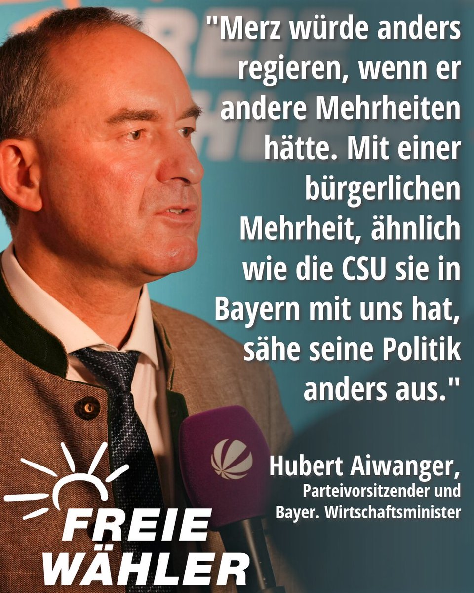 fw_bayern's tweet photo. 🤝 Bayern macht vor, was Berlin fehlt: FREIE WÄHLER können Regierungen ohne linke Parteien ermöglichen. 🧡✅

„Mit einer bürgerlichen Mehrheit, ähnlich wie die CSU sie in Bayern mit uns FREIEN WÄHLERN hat, sähe die Politik von Merz anders aus.“ 

Hubert Aiwanger sieht Friedrich Merz in einem Dilemma: Wer bürgerliche Politik umsetzen will, braucht auch einen starken bürgerlichen Partner. Genau das beweisen die FREIEN WÄHLER gemeinsam mit der CSU in Bayern – verantwortungsvoll, pragmatisch und nah an den Menschen.

#FREIEWÄHLER #BürgerlicheMehrheit #Bayern #Aiwanger