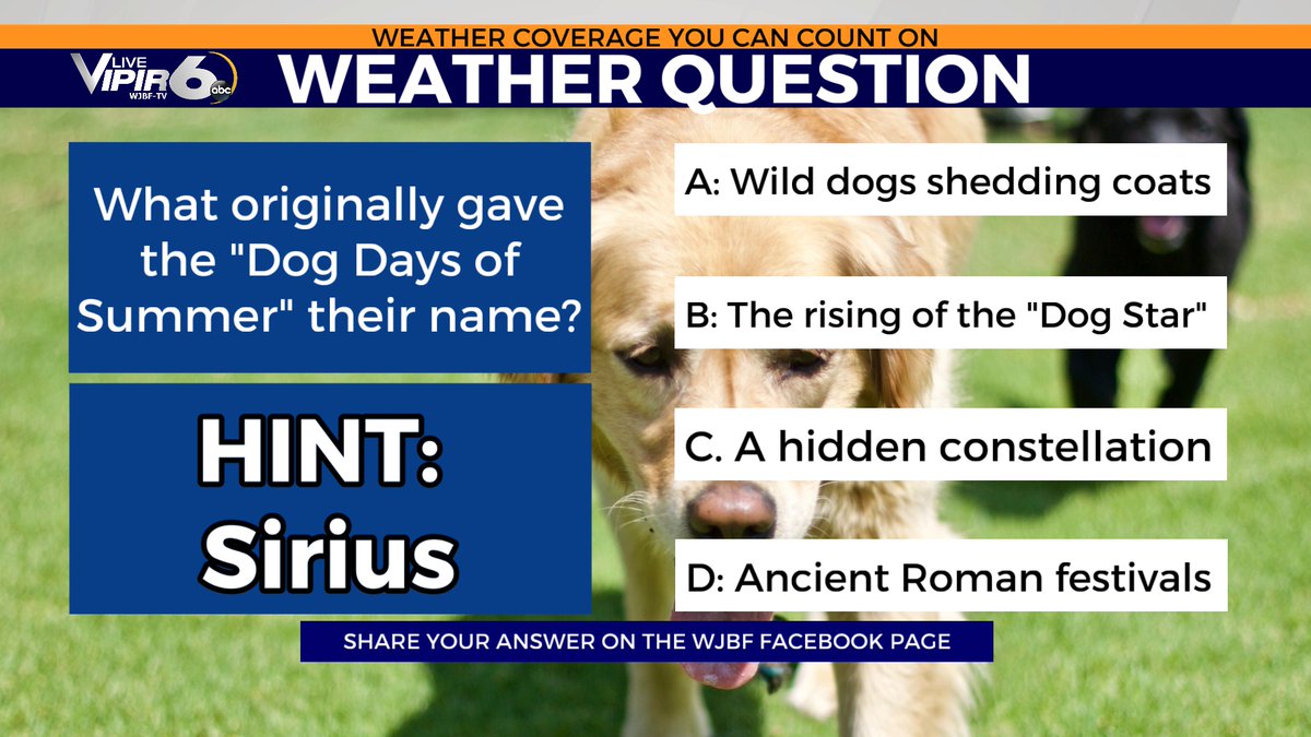 CSRAWeather's tweet photo. Time for the weather question of the day! What originally gave the "Dog Days of Summer" their name? Leave your answer in the comment section below. https://t.co/fb5WwL1M9a