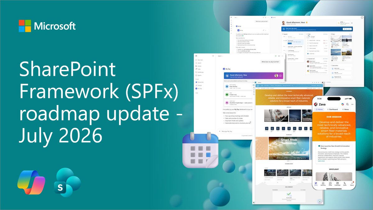 SharePoint's tweet photo. ✨ The July 2026 SPFx roadmap is here!

• #SharePoint #Copilot Apps announced
• Public Preview starts in July
• GA targeted later in 2026
• #SPFx 1.23.2 released

A huge thank you to everyone helping shape the future of Microsoft 365 extensibility 🤩

https://t.co/ZA47nLaBox https://t.co/LHwDF5bg1U