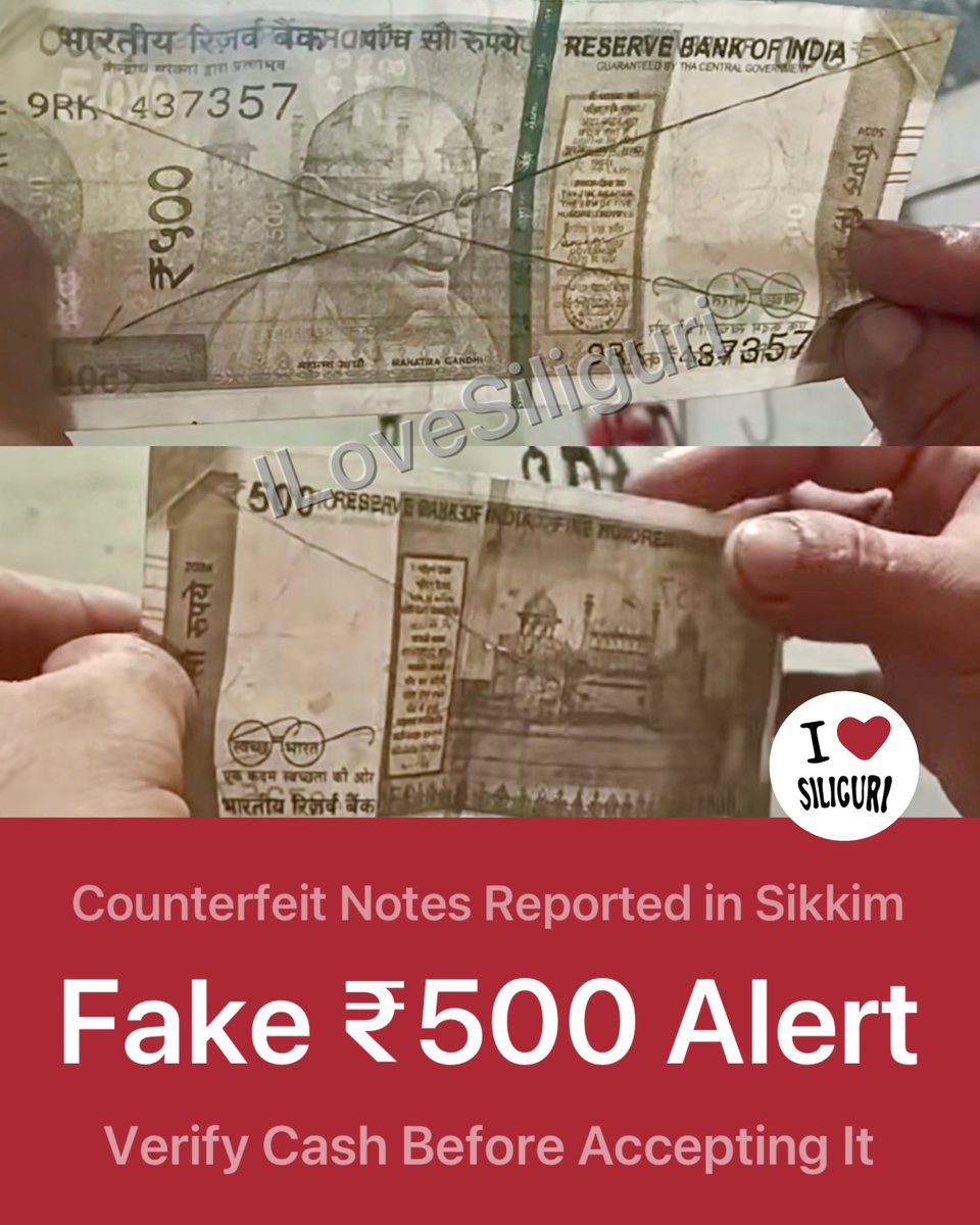 Prakritipr36102's tweet photo. सिक्किममा नक्कली ₹500 नोटहरू प्रचलनमा आएको रिपोर्ट आएको छ। नगद लेनदेन गर्दा विशेष सावधानी अपनाउनुहोस् र नोट राम्रोसँग जाँच गरेर मात्र स्वीकार गर्नुहोस्।
#Sikkim #FakeCurrency #PublicAlert #StayAware #ILoveSiliguri https://t.co/VNXmwu0Yuw