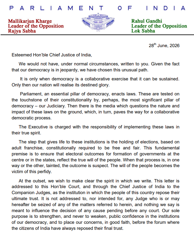 INCIndia's tweet photo. On 28th June 2026, 24 opposition parties along with an independent MP wrote to the Hon'ble Chief Justice of India on the flawed SIR process, the partisan role of the Election Commission of India, and other election-related issues.  

Here is the copy of the letter 👇 https://t.co/pHG3Dejal0